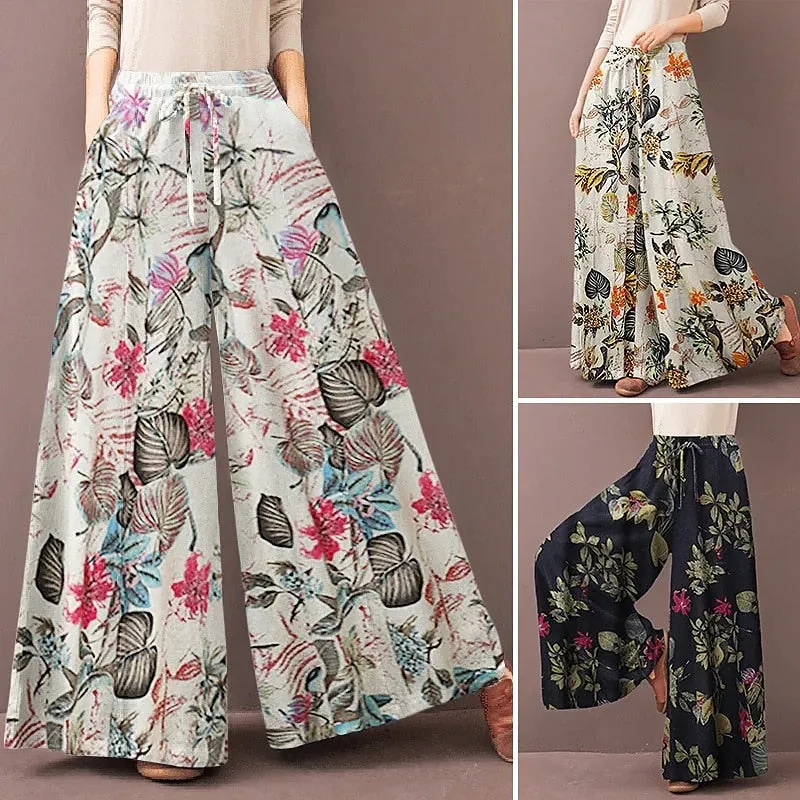 Floral Print Wide Leg Casual Pants - Three colors available