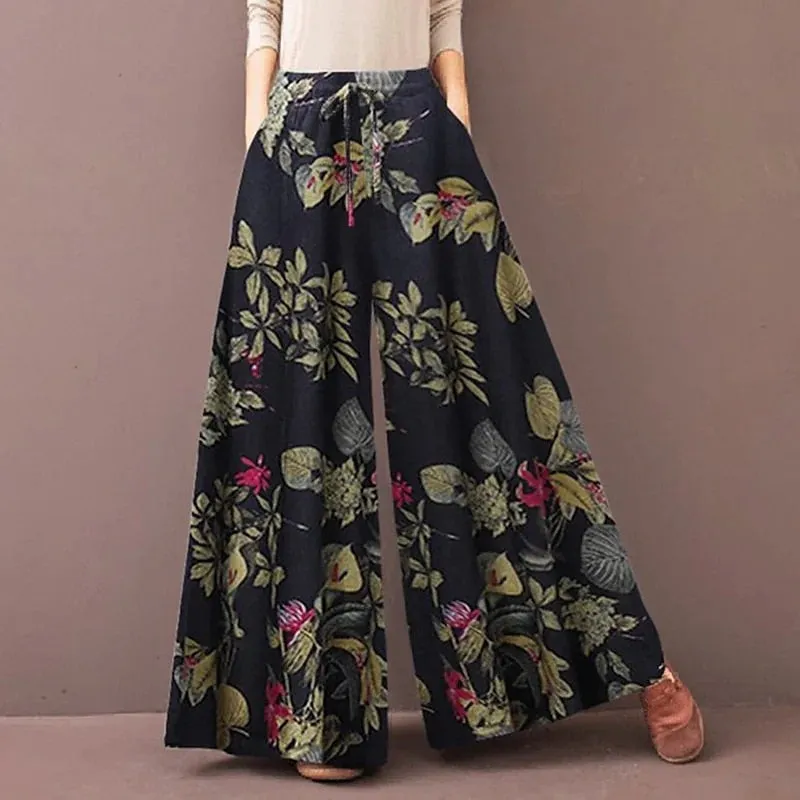 Floral Print Wide Leg Casual Pants - Three colors available