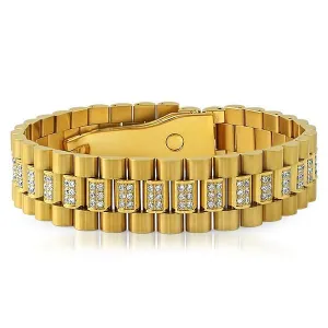 Gold President Bracelet CZ Set Center Links