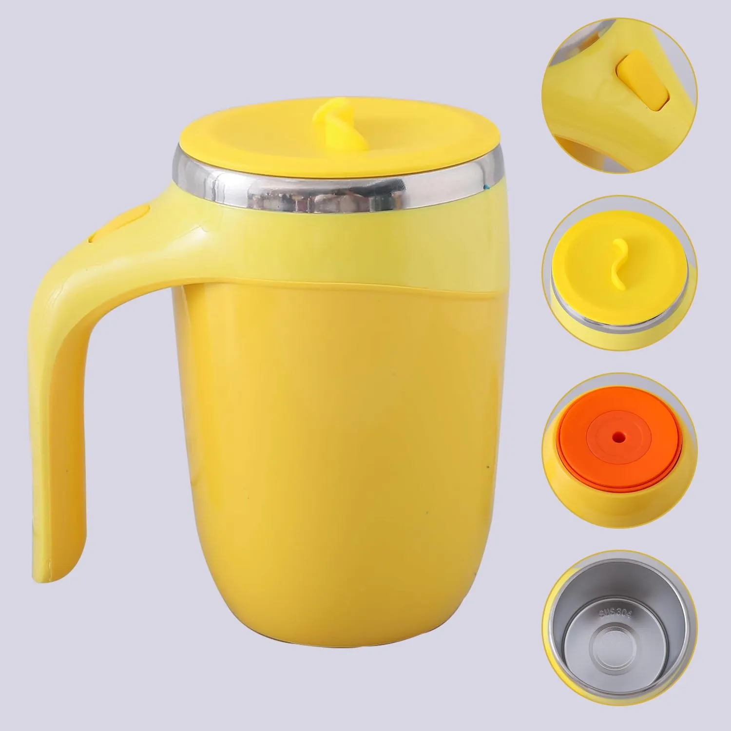 Kuber Industries Anti-Fall Insulated Coffee Mug with Suction Bottom | Leak-Proof Stainless Steel Tumbler | Coffee Mug with Lid and Handle | 500 ML | Yellow