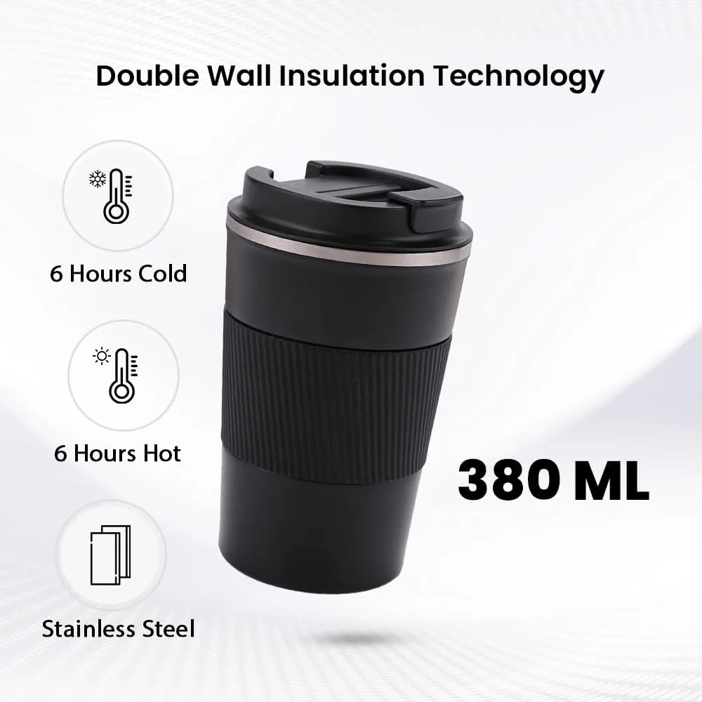 Kuber Industries Stainless Steel Insulated Coffee Cup with Sipper Mouth|Travel Coffee Mug 380 ML-Pack of 4|Black|