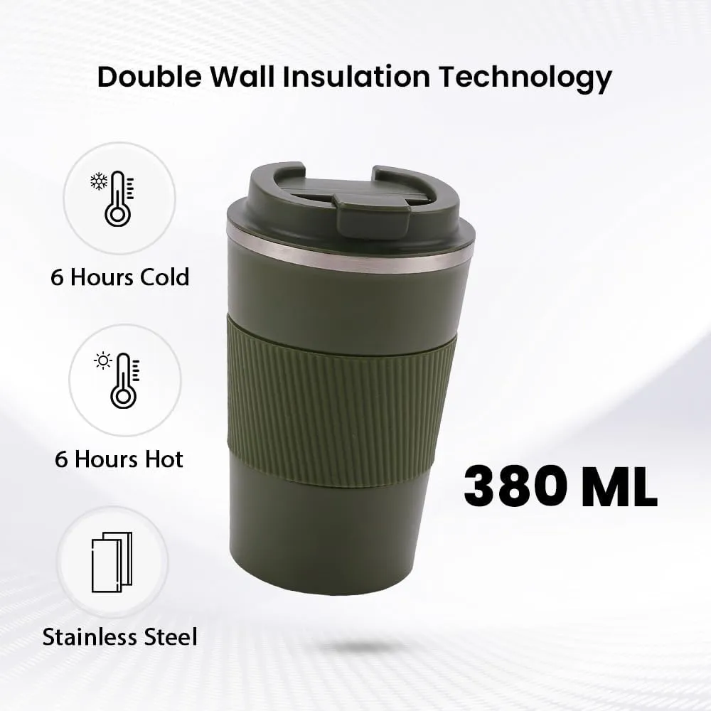 Kuber Industries Stainless Steel Insulated Coffee Mug with Sleeve|Travel Coffee Mug 380 ML-Pack of 2|Green|