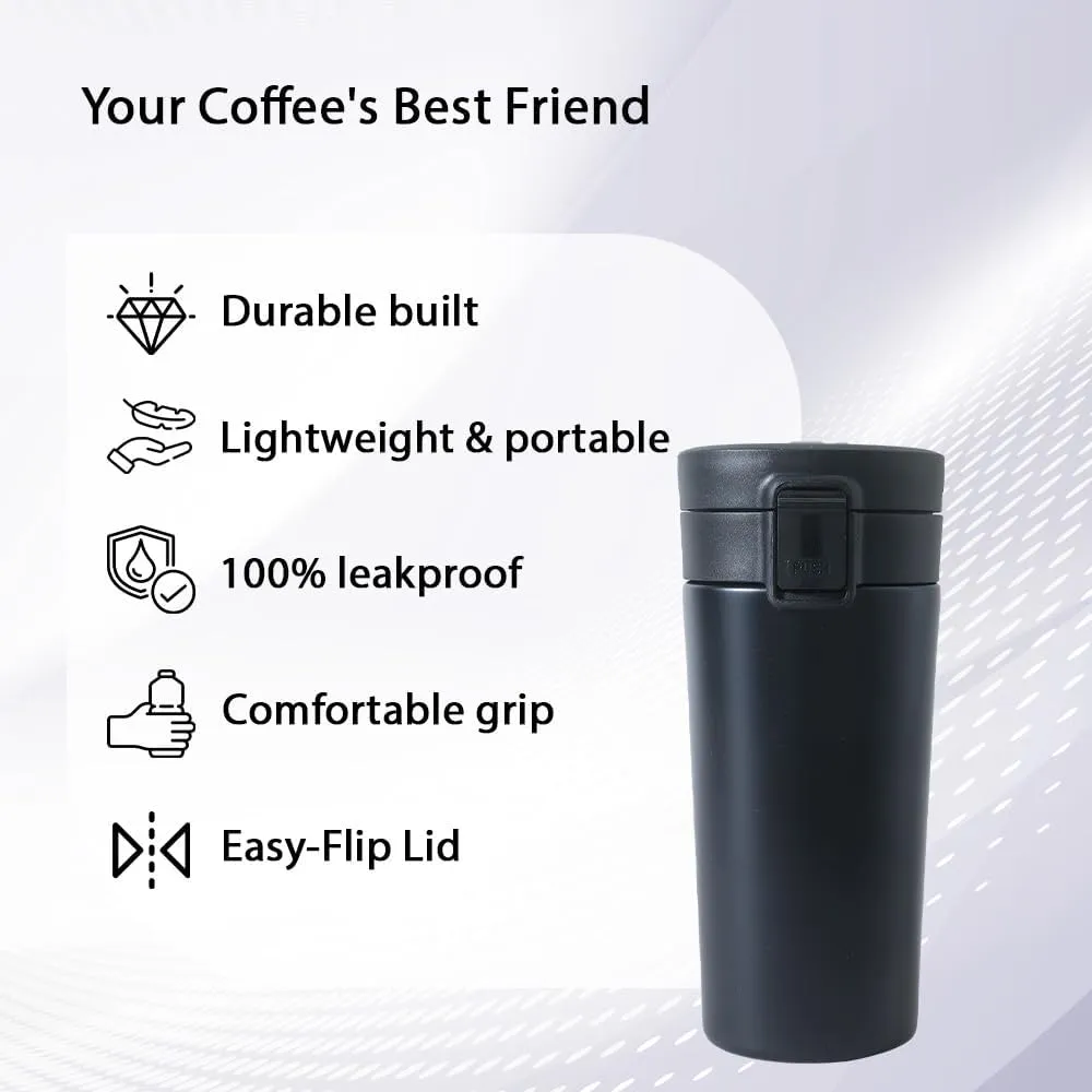 Kuber industries Stainless Steel Insulated Coffee Tumbler with Sipper Lid 380 ML-Pack of 2 (Black)