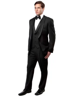 Mens Vested Modern Fit Peak Trim Wool Tuxedo in Black