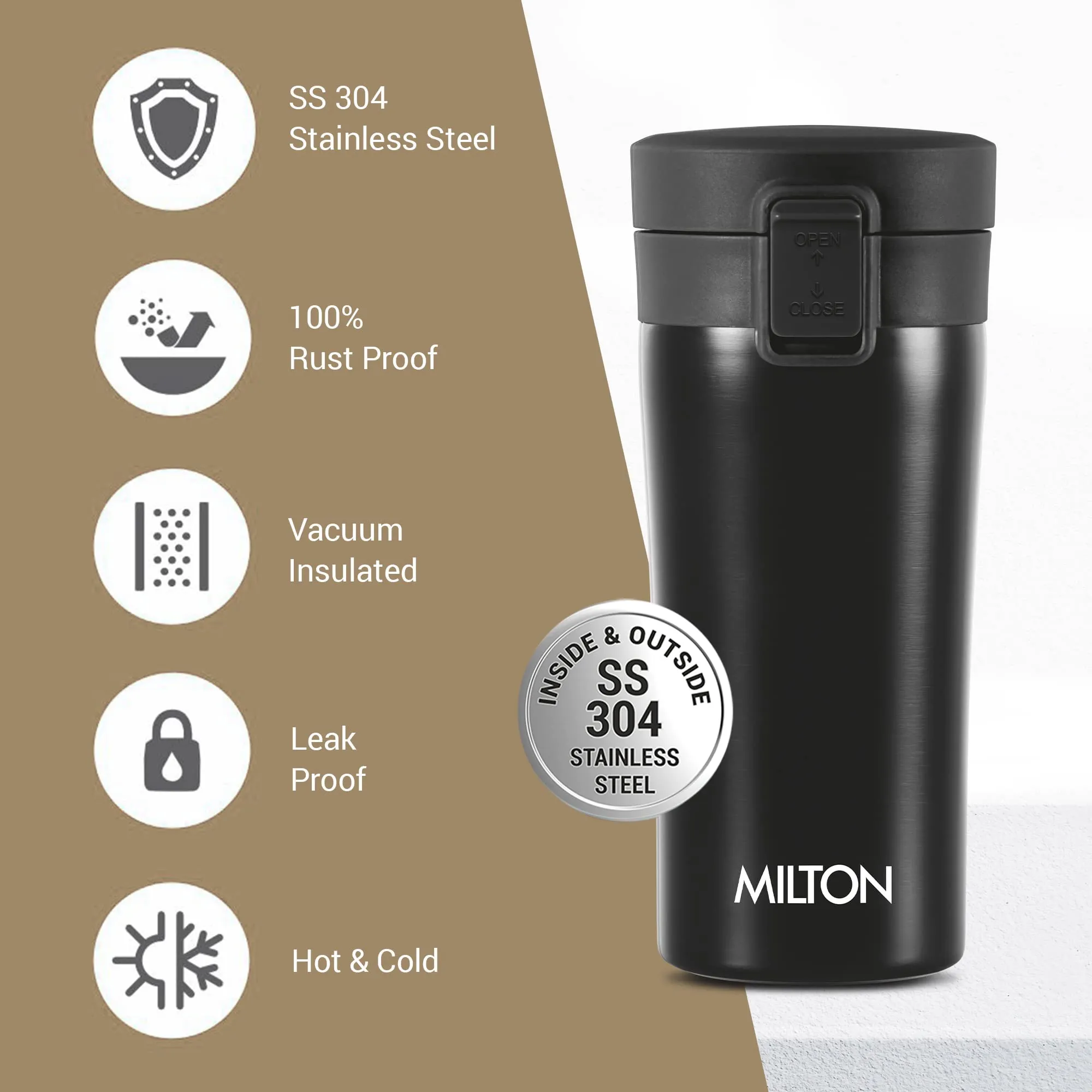 MILTON Coffee Mug Thermosteel Hot or Cold Insulated Mug, 300 ml, Black | Leak Proof | Rust Proof | Tea Mug | Juice Mug | Water Flask | Easy Grip | Easy to Carry