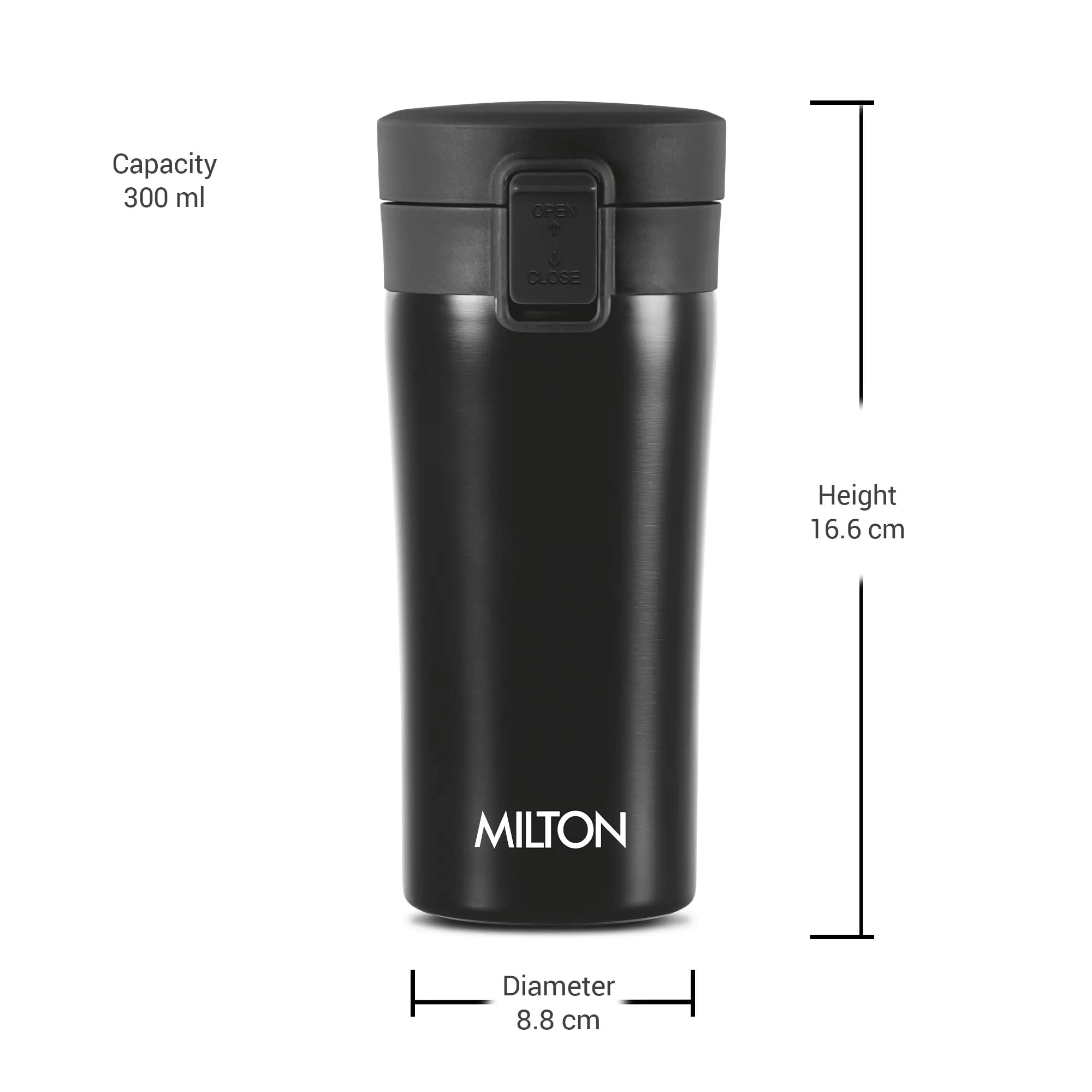 MILTON Coffee Mug Thermosteel Hot or Cold Insulated Mug, 300 ml, Black | Leak Proof | Rust Proof | Tea Mug | Juice Mug | Water Flask | Easy Grip | Easy to Carry