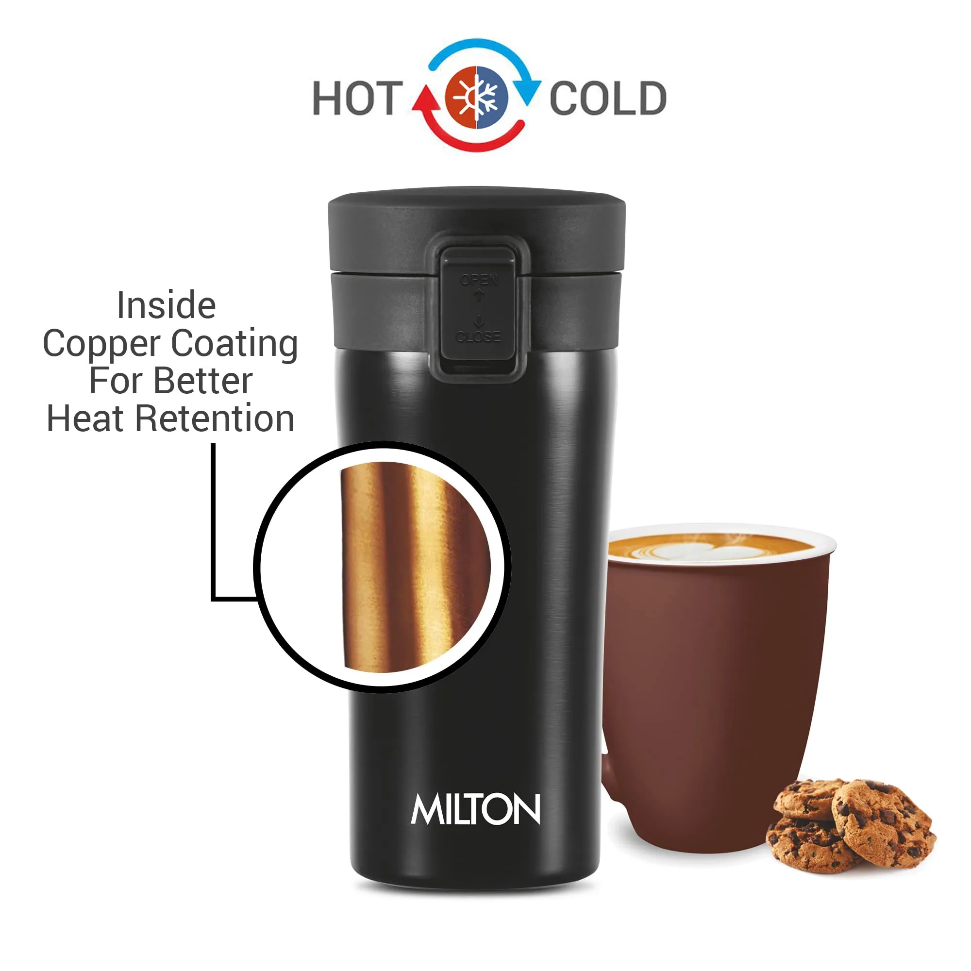 MILTON Coffee Mug Thermosteel Hot or Cold Insulated Mug, 300 ml, Black | Leak Proof | Rust Proof | Tea Mug | Juice Mug | Water Flask | Easy Grip | Easy to Carry