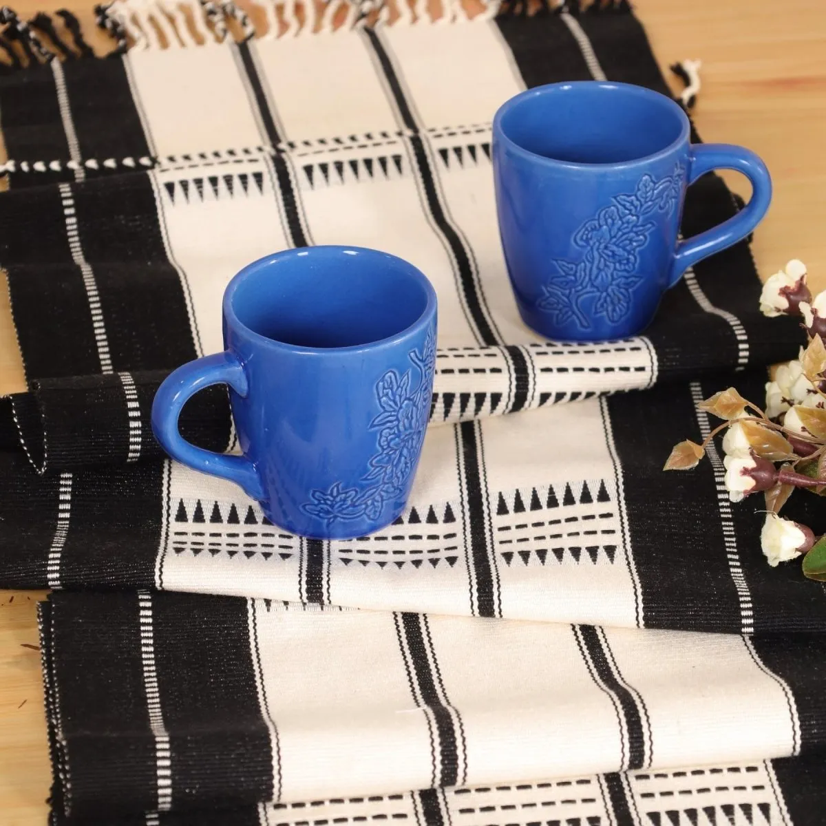 Monochrome Handwoven Striped Table Runner and Blue Ceramic Luxury Coffee & Tea Mugs Set Of 2 | Rakshabandhan Gift | Handmade In India