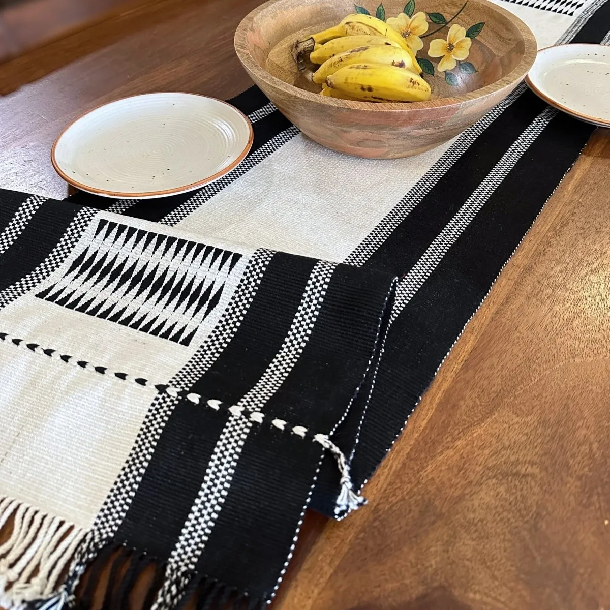 Monochrome Handwoven Striped Table Runner and Blue Ceramic Luxury Coffee & Tea Mugs Set Of 2 | Rakshabandhan Gift | Handmade In India