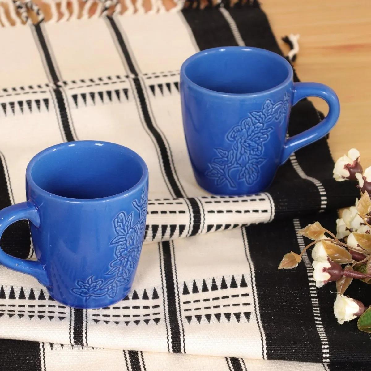 Monochrome Handwoven Striped Table Runner and Blue Ceramic Luxury Coffee & Tea Mugs Set Of 2 | Rakshabandhan Gift | Handmade In India