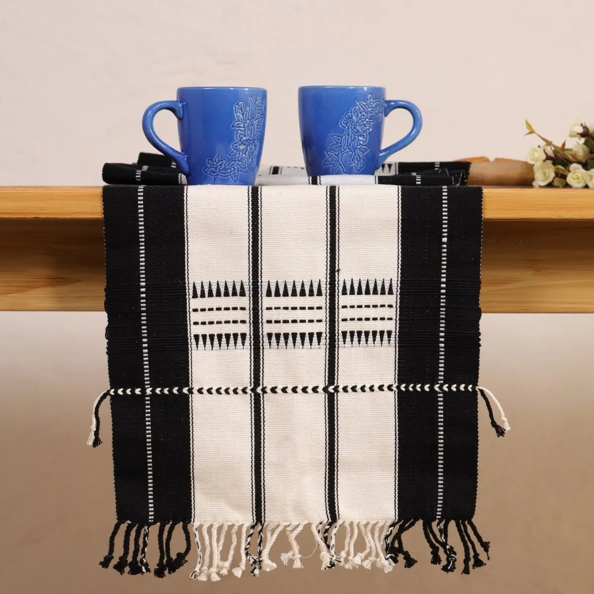 Monochrome Handwoven Striped Table Runner and Blue Ceramic Luxury Coffee & Tea Mugs Set Of 2 | Rakshabandhan Gift | Handmade In India