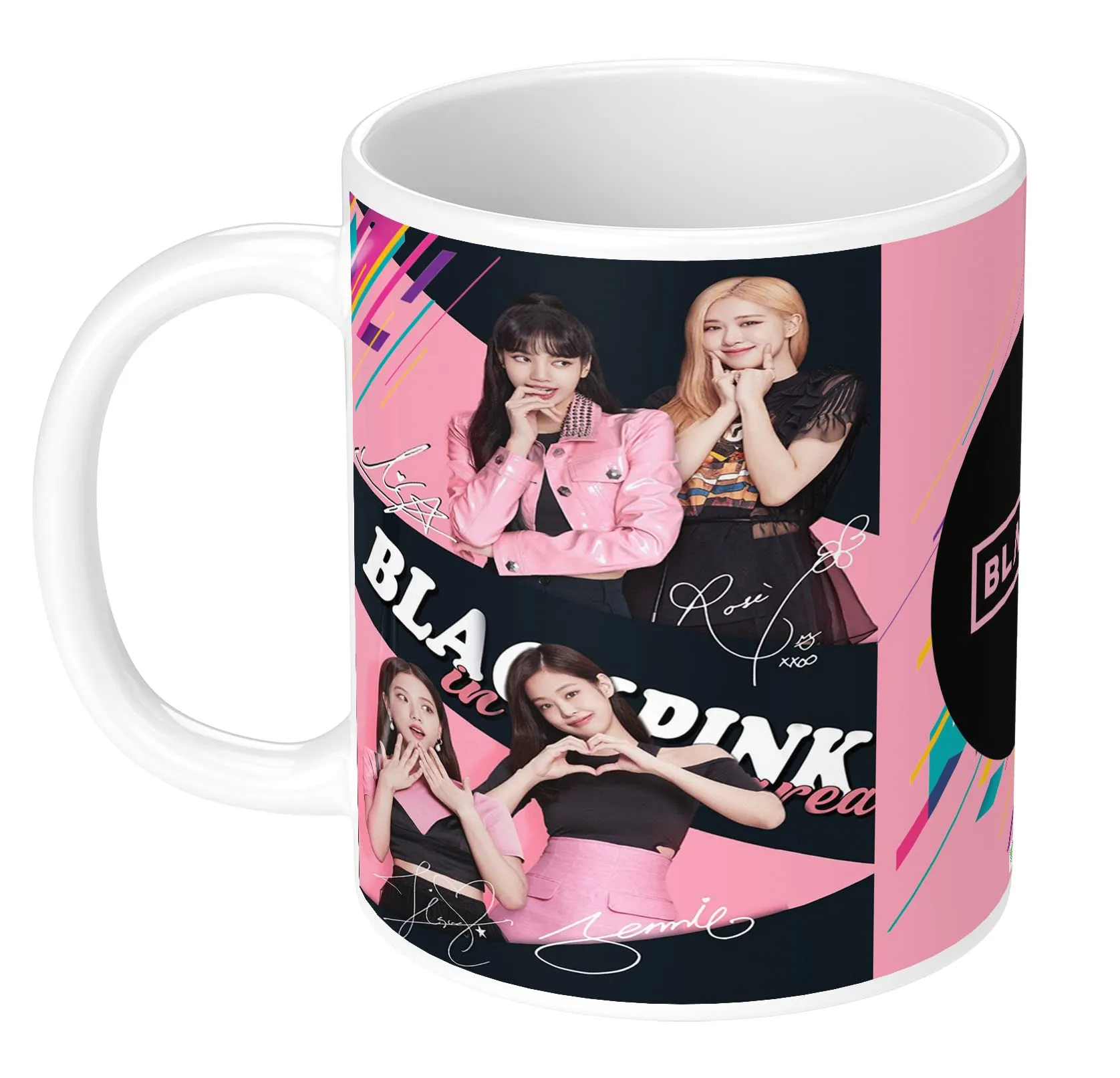 NH10 DESIGNS Black Pink Mug Blackpink Signature Mug with Keychain Gift for Girls Boys Hd Printed Microwave Safe White Ceramic Coffee Mug (350 ml)(3TONEBLKPNKMK-69) Pack of 2