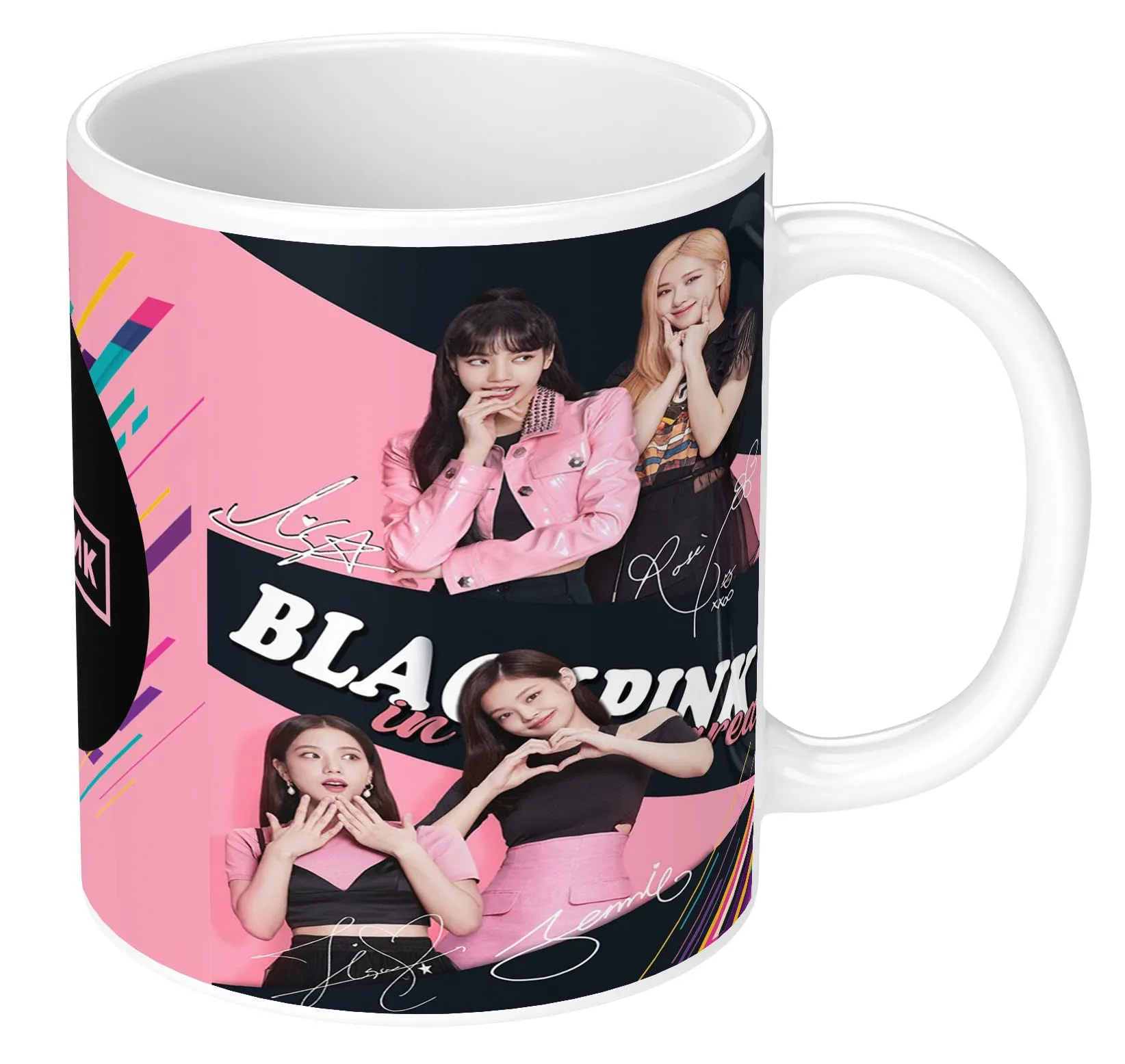 NH10 DESIGNS Black Pink Mug Blackpink Signature Mug with Keychain Gift for Girls Boys Hd Printed Microwave Safe White Ceramic Coffee Mug (350 ml)(3TONEBLKPNKMK-69) Pack of 2