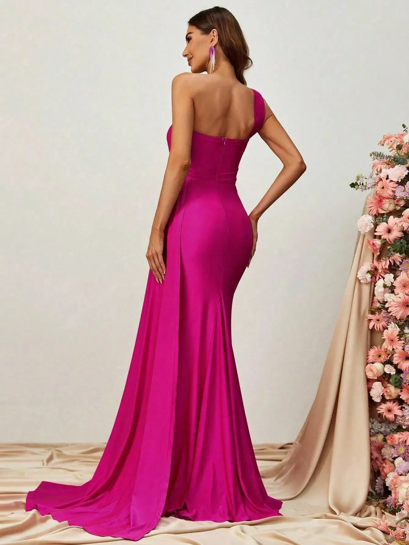 One Shoulder Draped Side Split Thigh Formal Dress