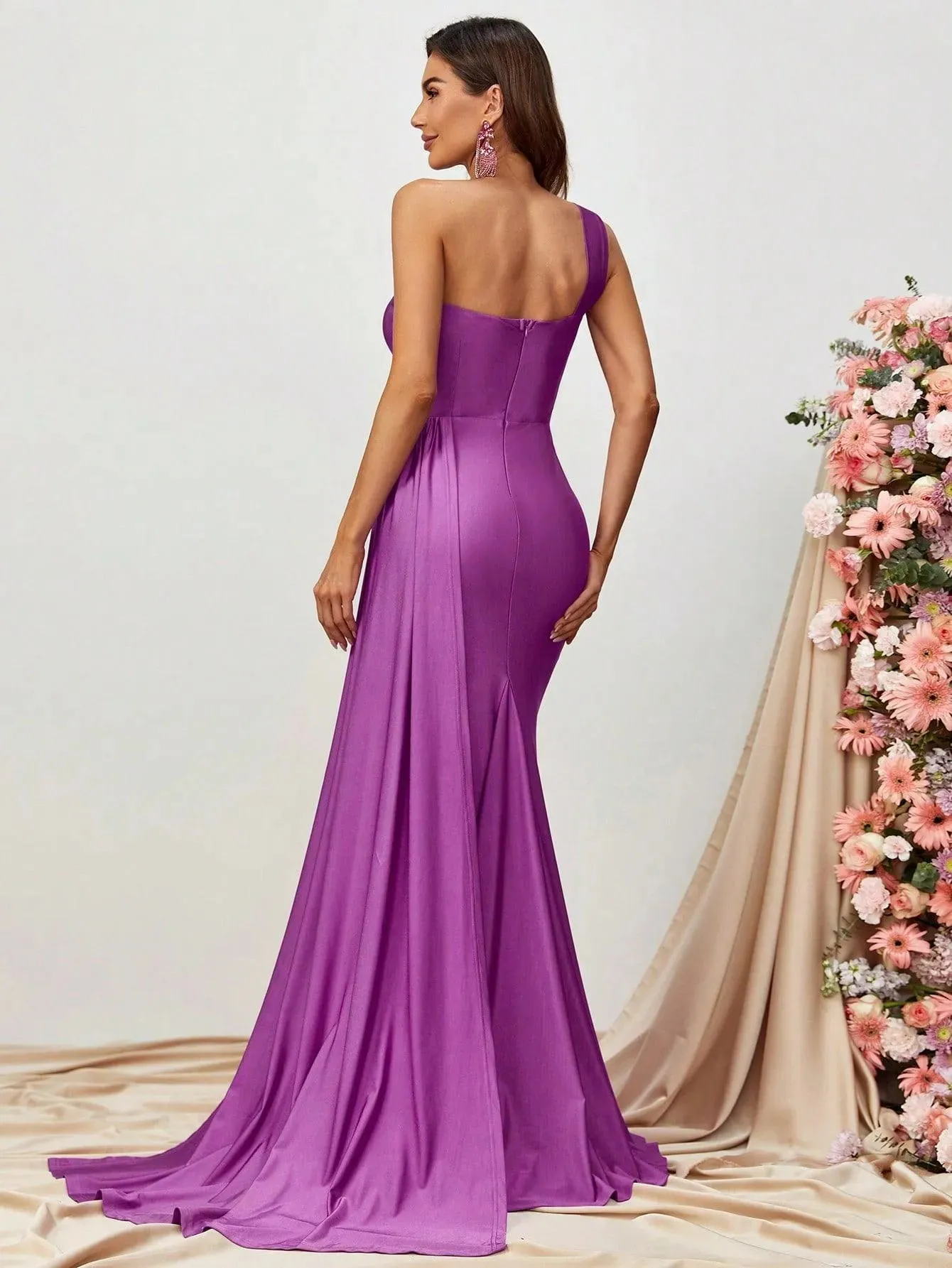 One Shoulder Draped Side Split Thigh Formal Dress