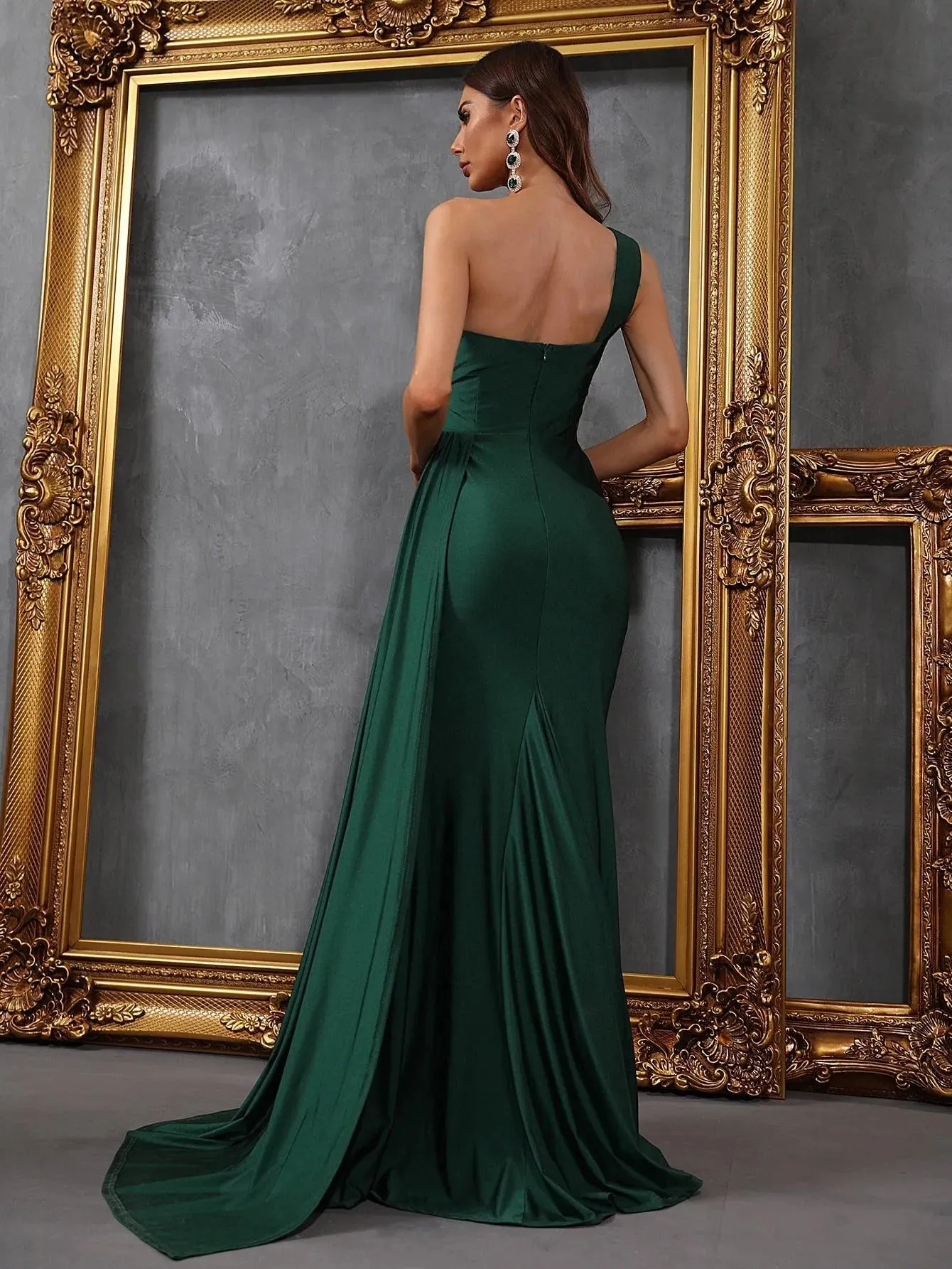 One Shoulder Draped Side Split Thigh Formal Dress