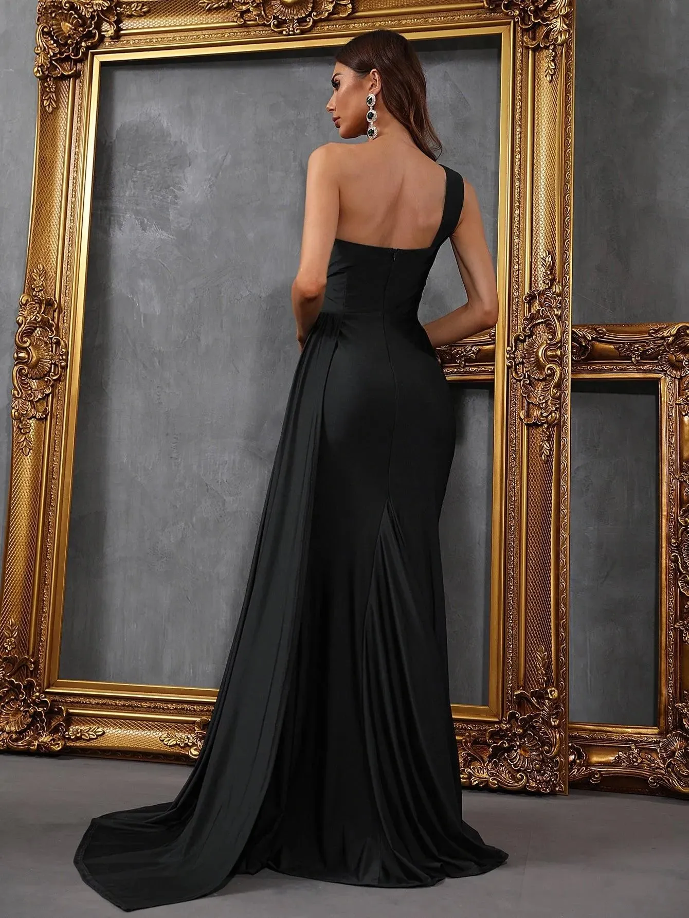 One Shoulder Draped Side Split Thigh Formal Dress