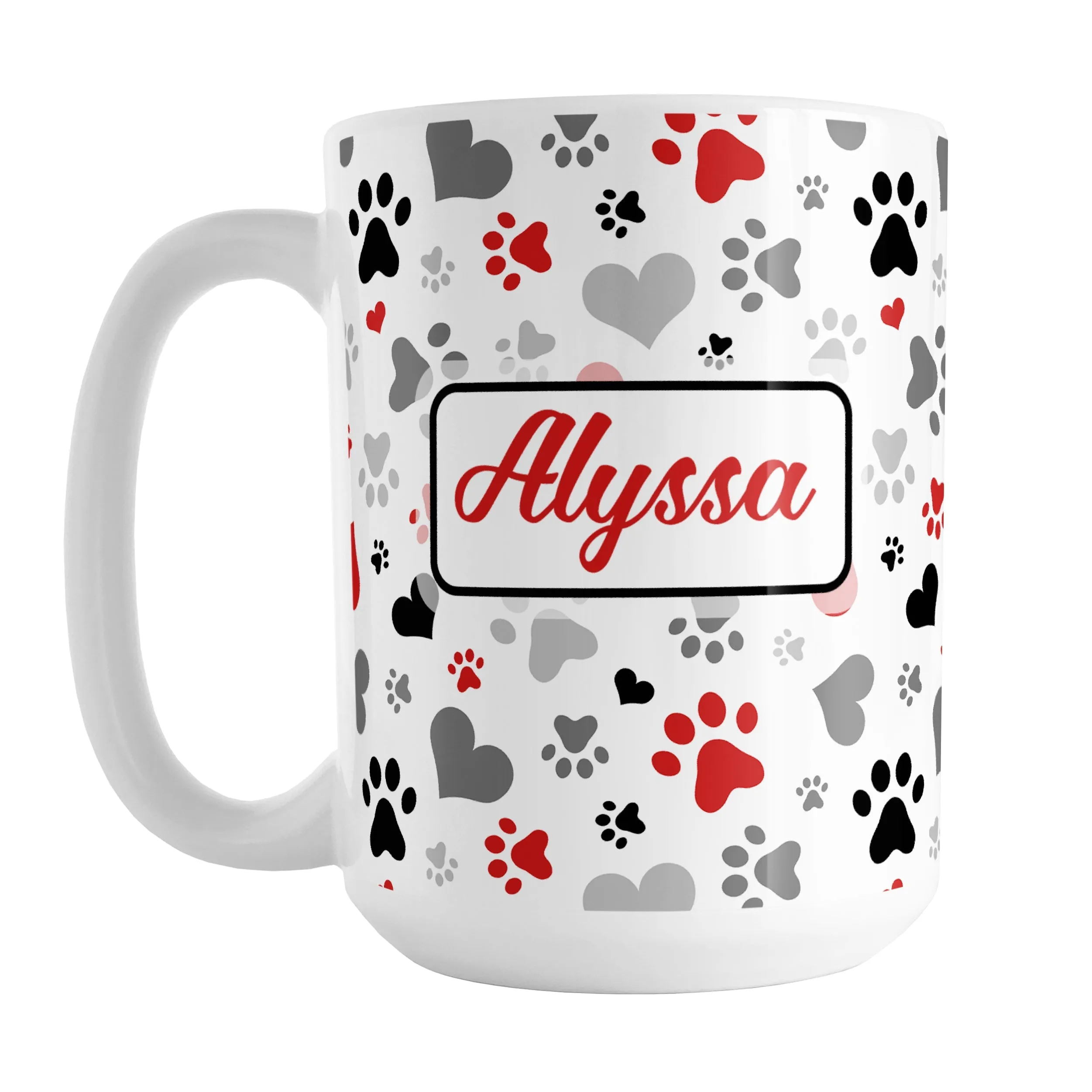 Personalized Black and Red Hearts and Paw Prints Mug