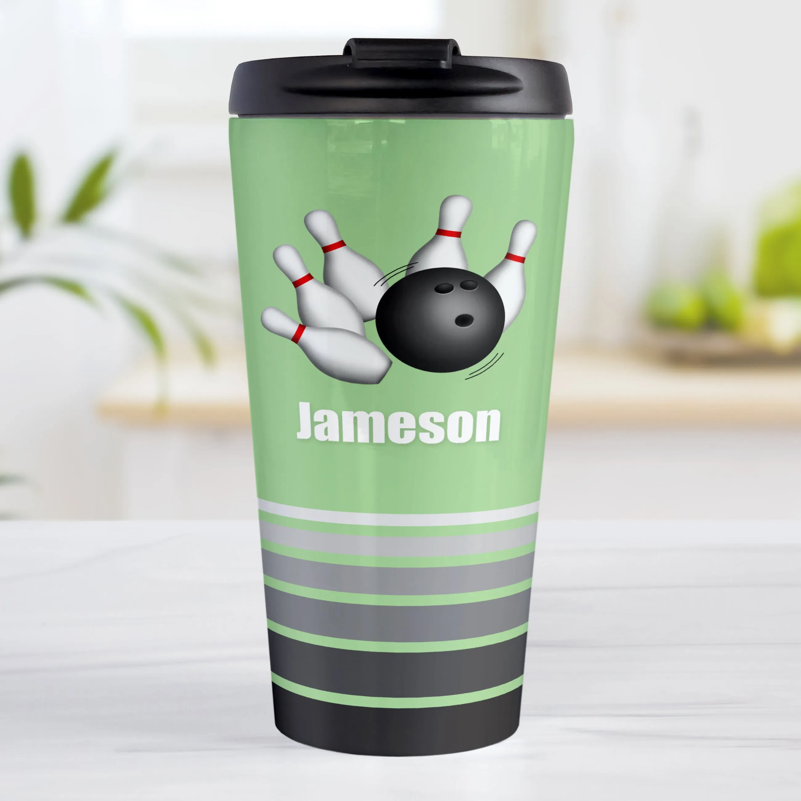 Personalized Bowling Ball and Pins Green - Bowling Travel Mug