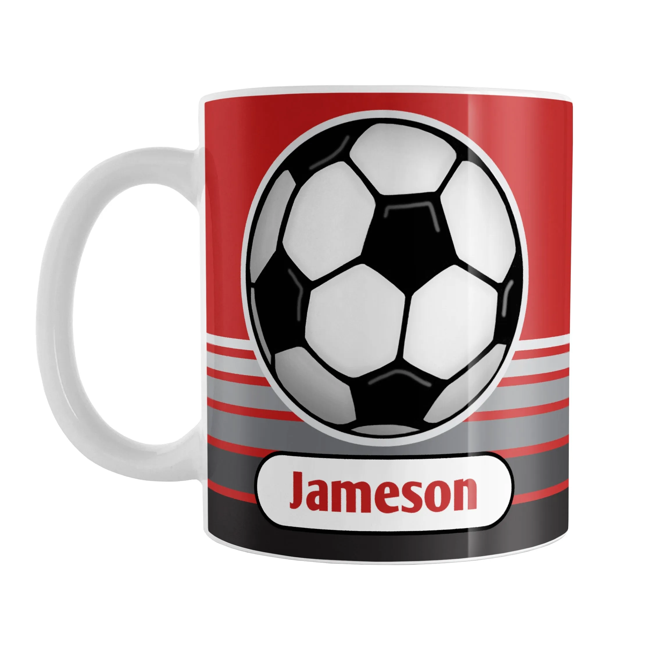 Personalized Gray Gradient Lined Red Soccer Ball Mug