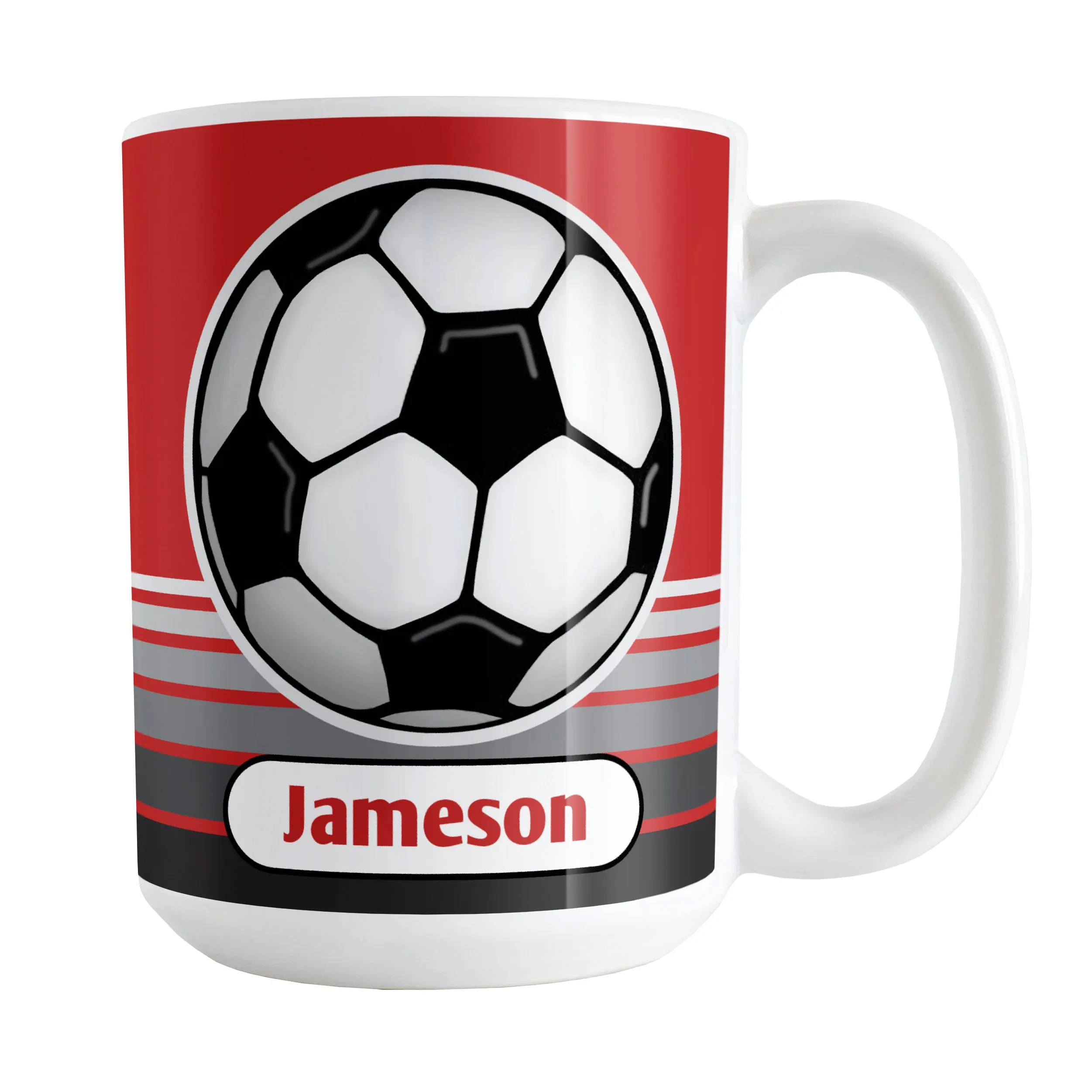 Personalized Gray Gradient Lined Red Soccer Ball Mug