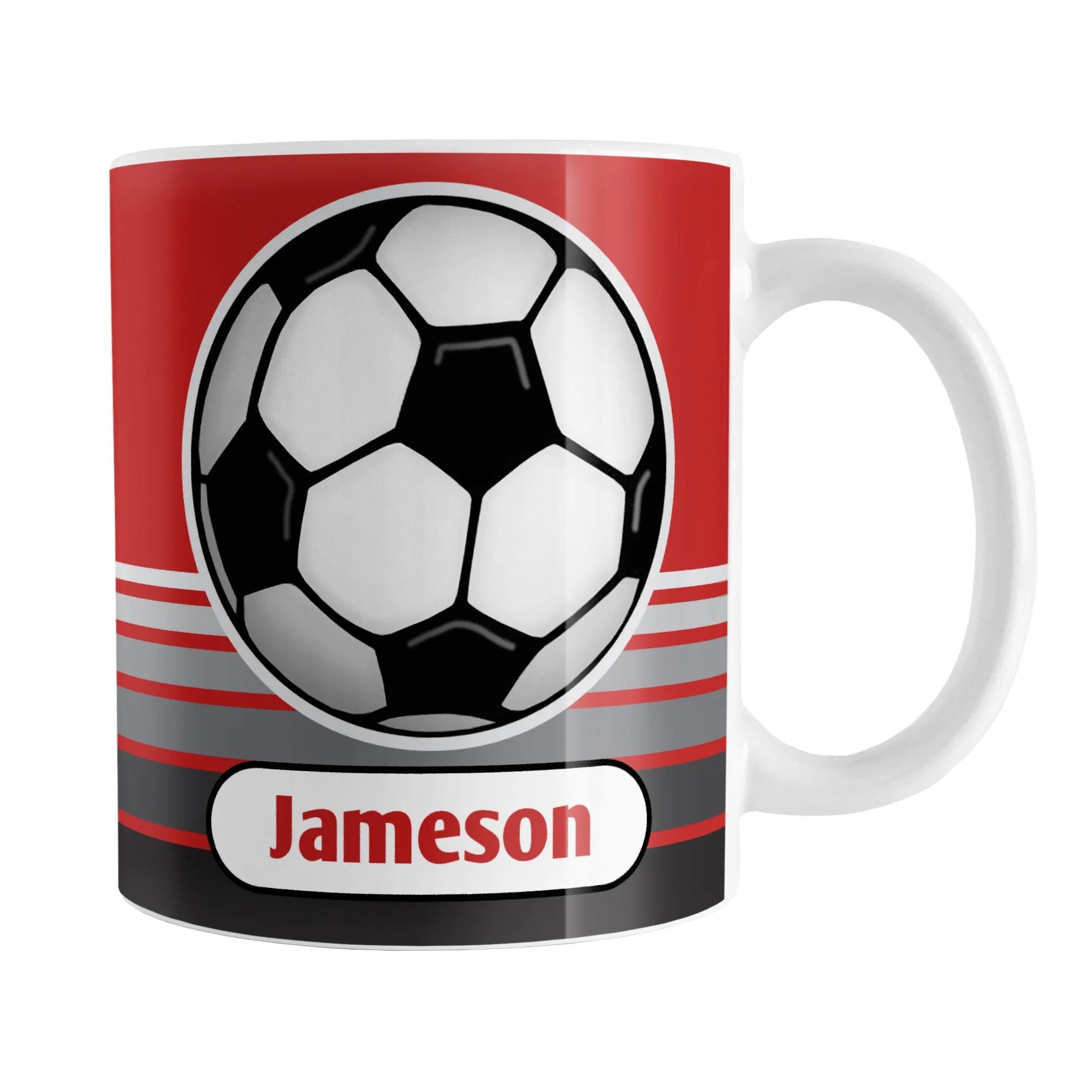 Personalized Gray Gradient Lined Red Soccer Ball Mug