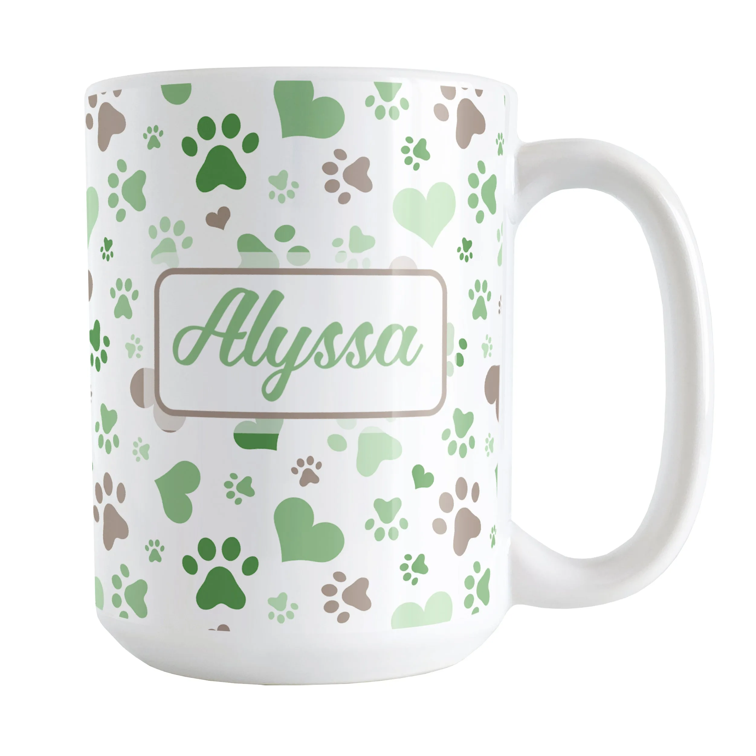 Personalized Green Hearts and Paw Prints Mug