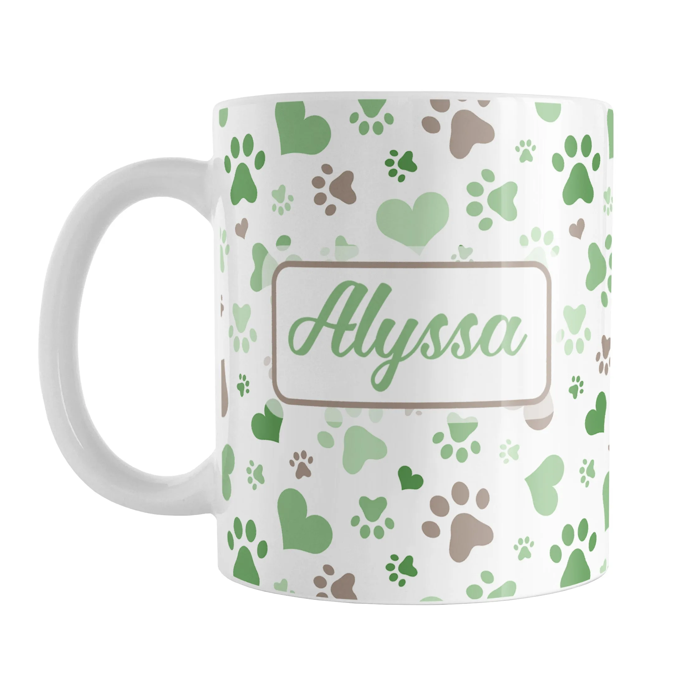 Personalized Green Hearts and Paw Prints Mug