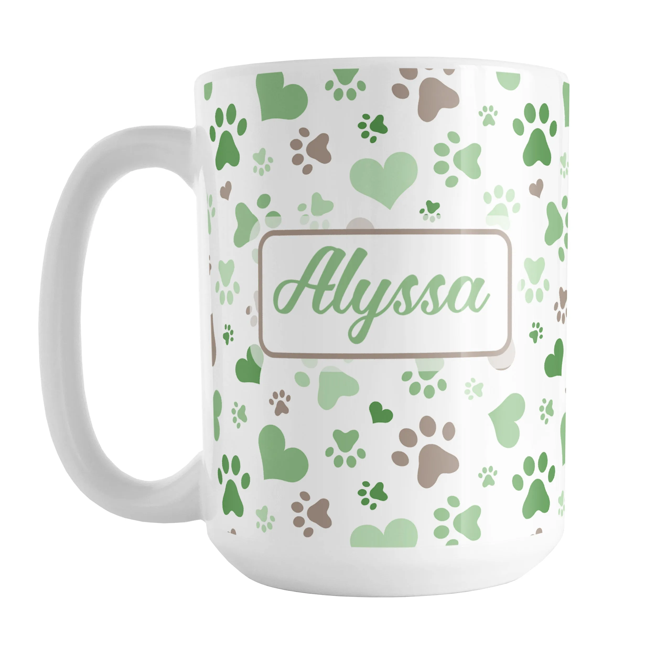 Personalized Green Hearts and Paw Prints Mug