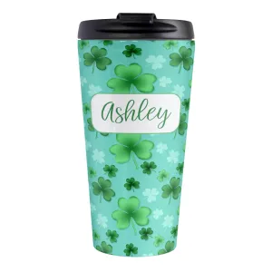 Personalized Lucky Clover Pattern Teal and Green Travel Mug