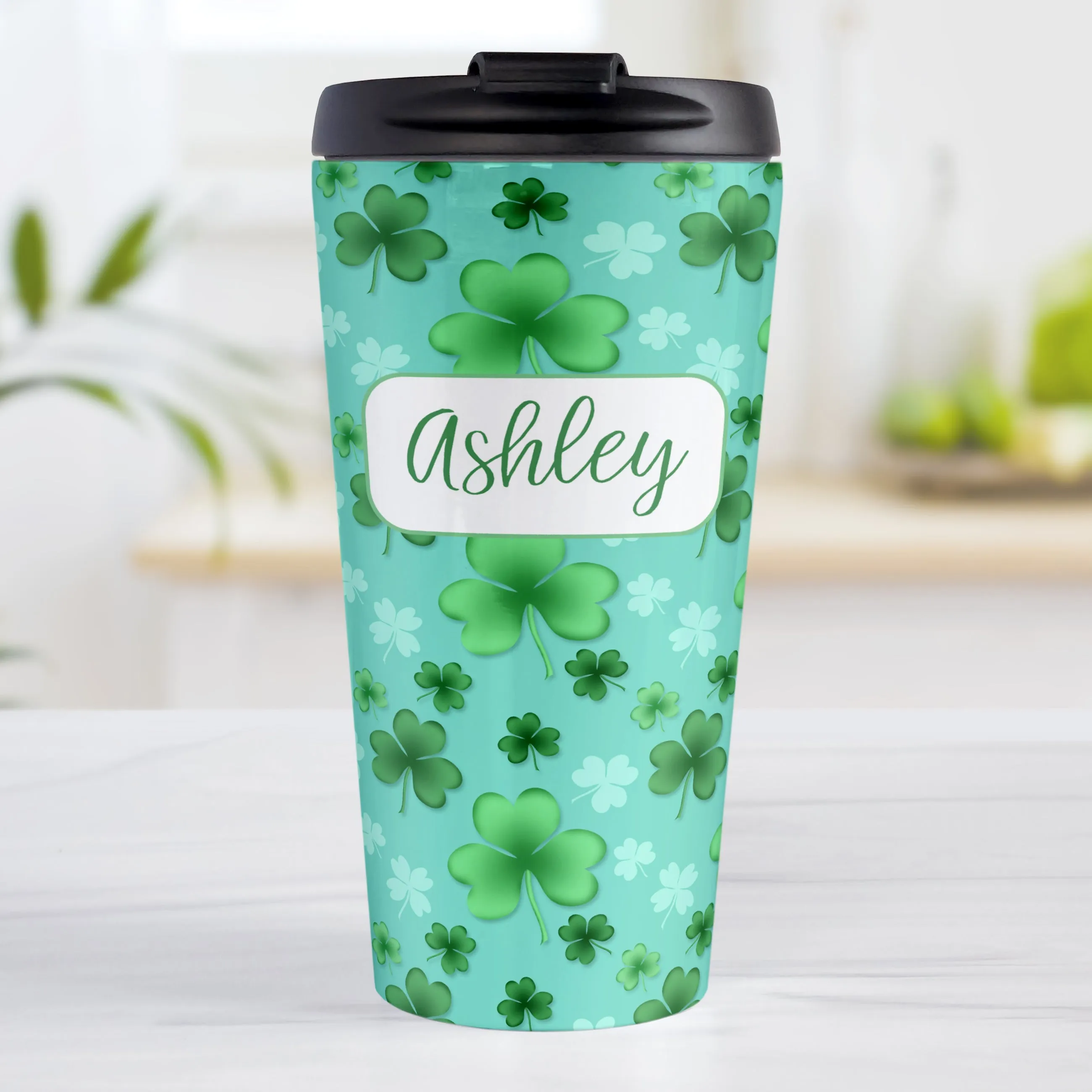 Personalized Lucky Clover Pattern Teal and Green Travel Mug