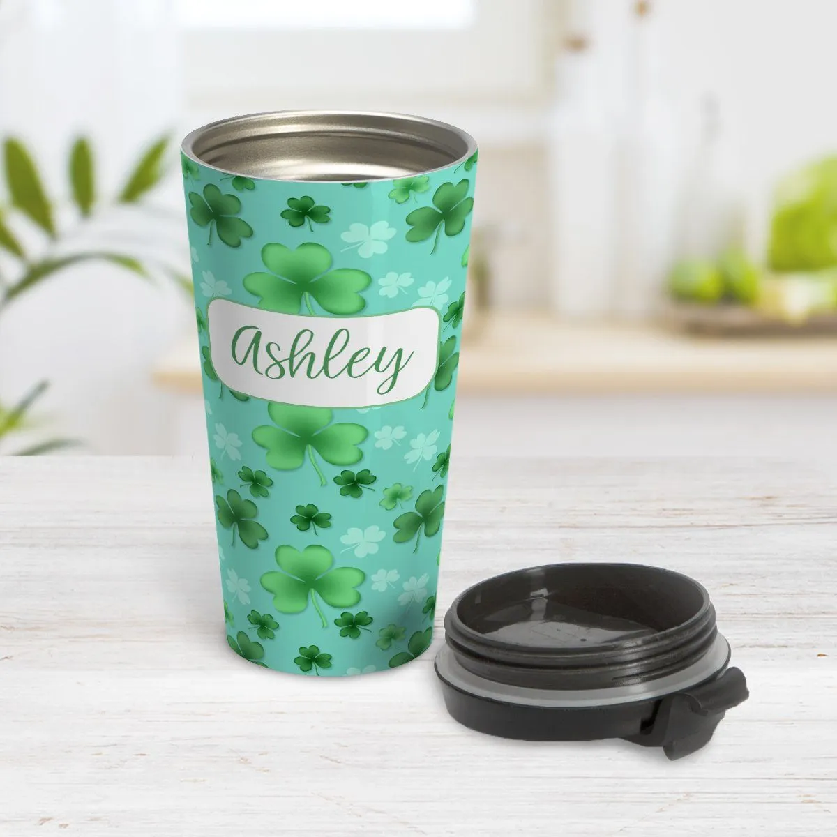 Personalized Lucky Clover Pattern Teal and Green Travel Mug