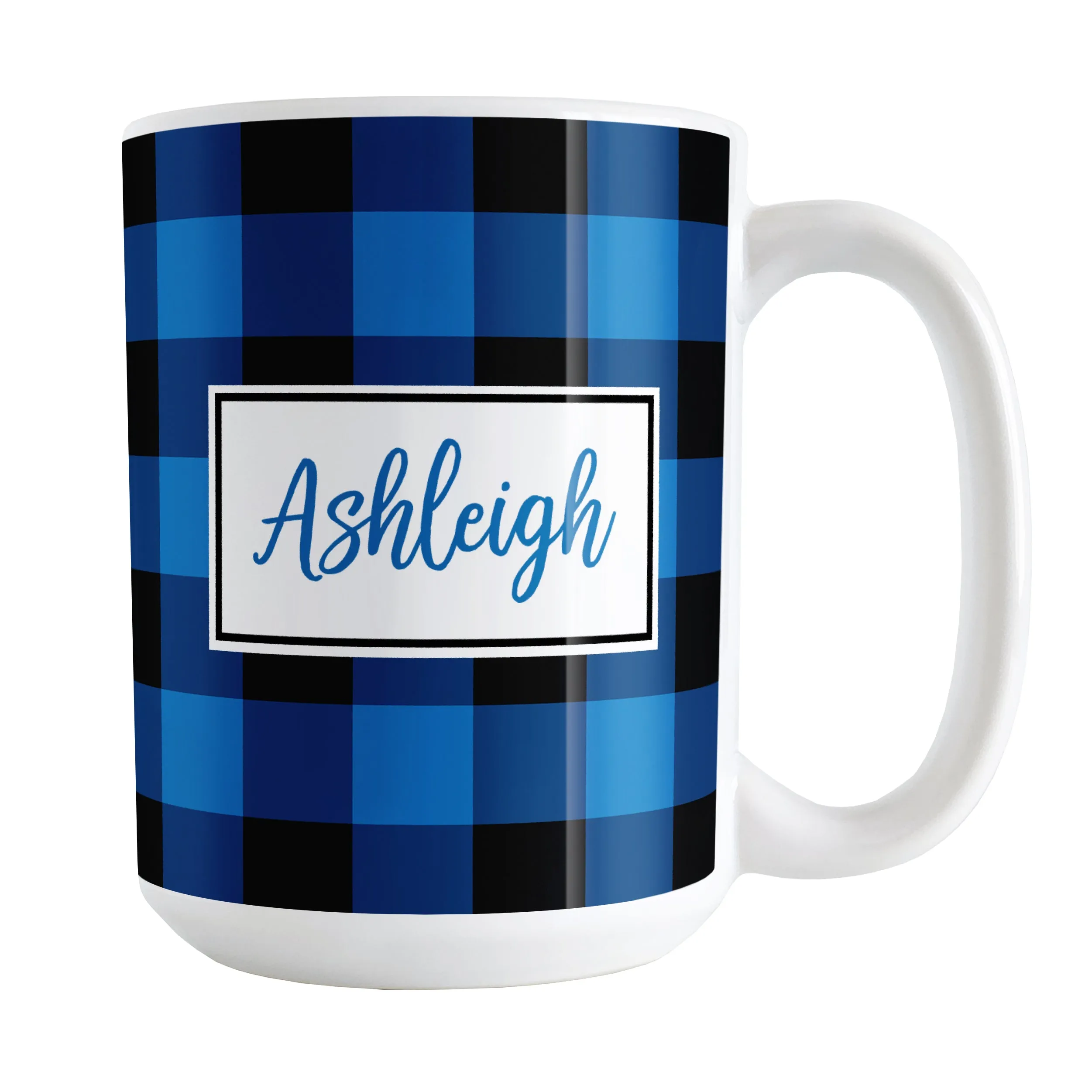 Personalized Name Blue and Black Buffalo Plaid Mug