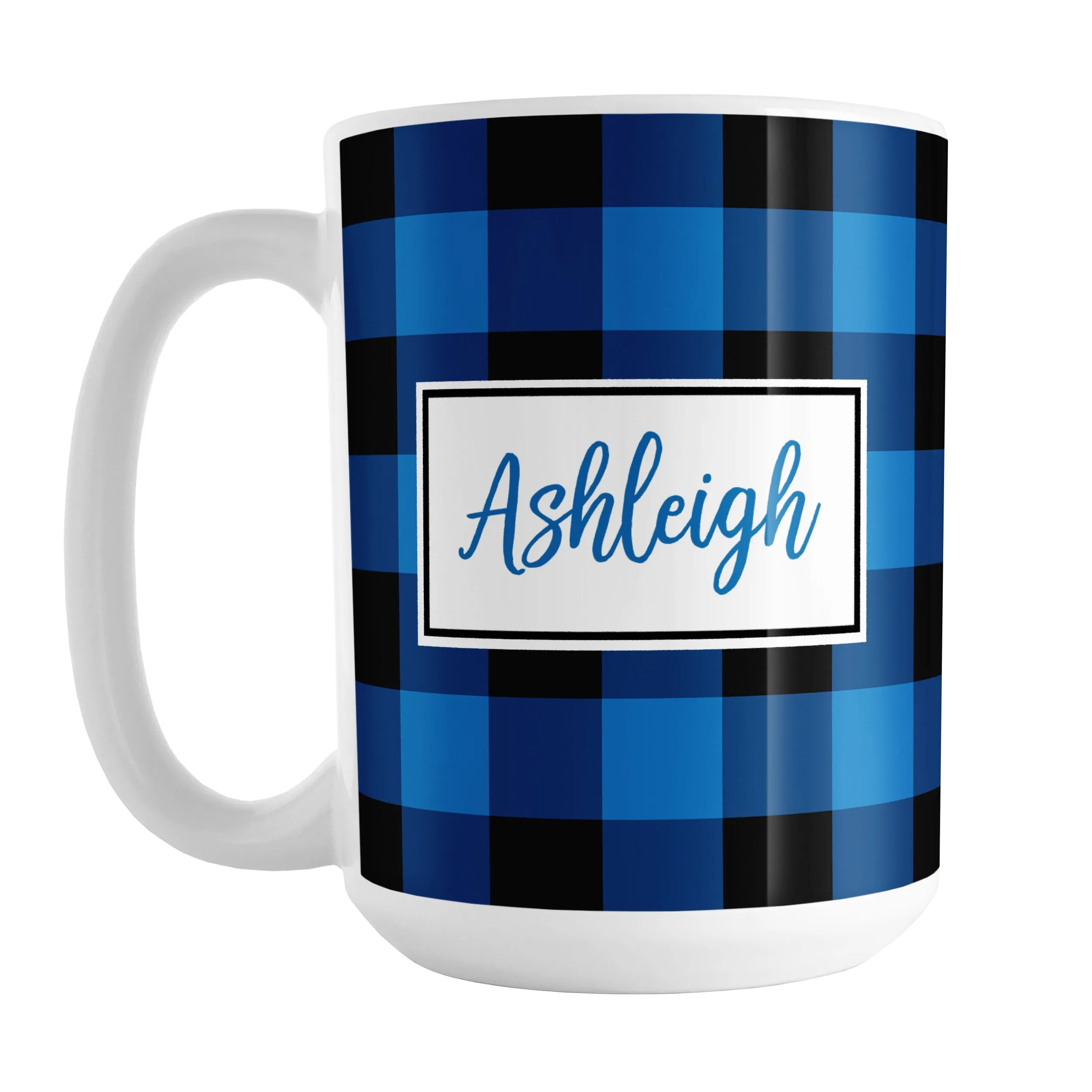 Personalized Name Blue and Black Buffalo Plaid Mug