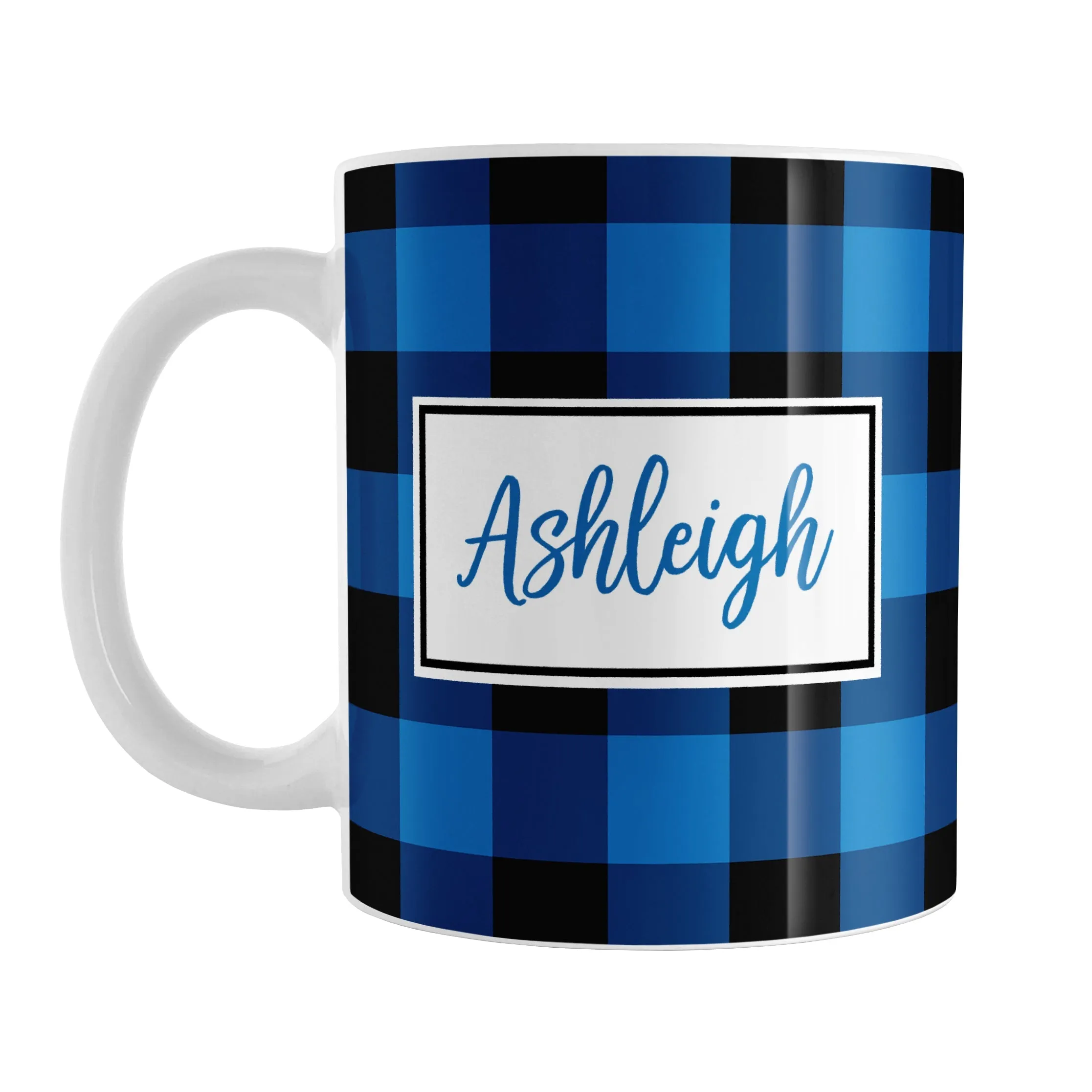 Personalized Name Blue and Black Buffalo Plaid Mug