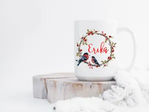 Personalized name coffee mug with cardinal birds - wreath | Coffee Mug