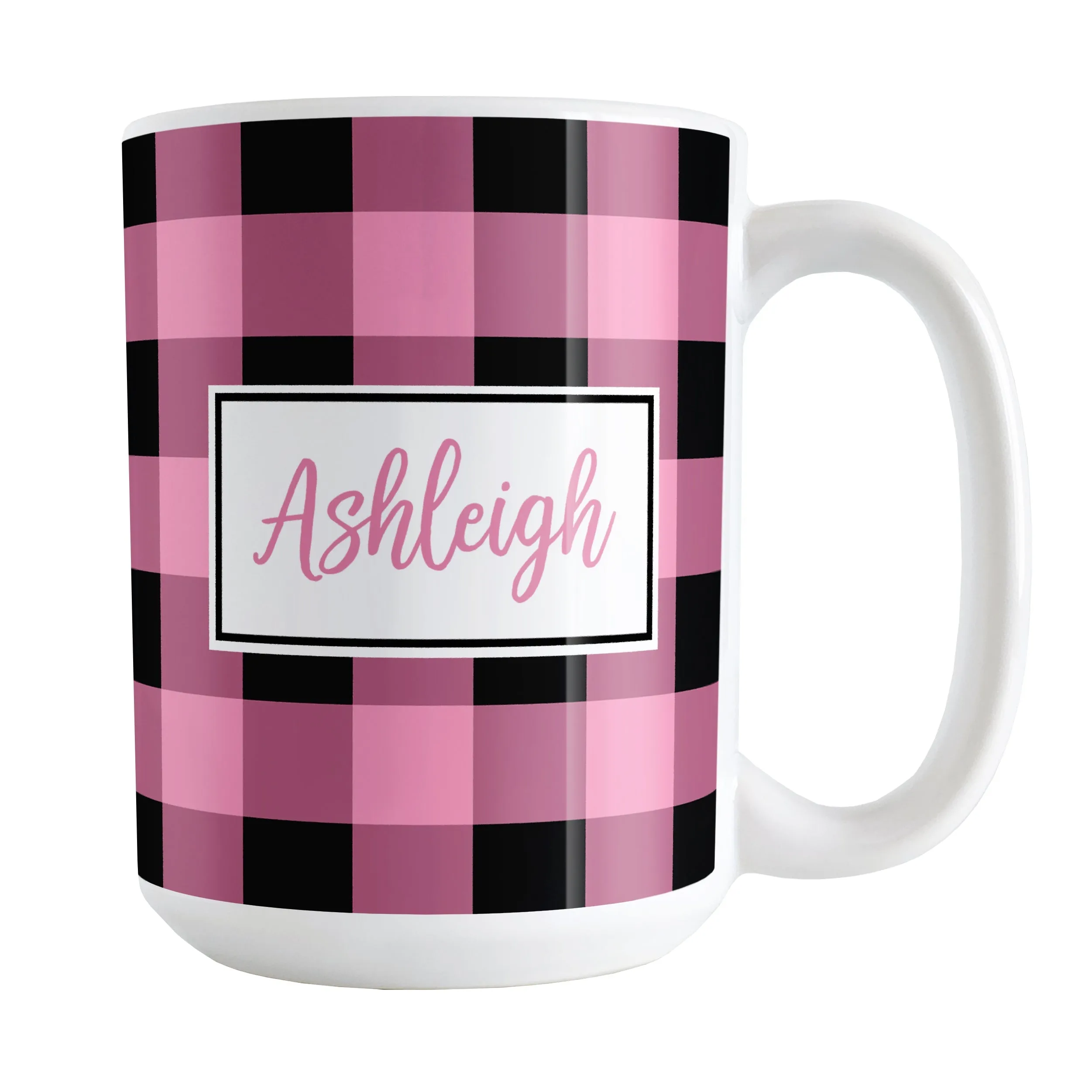 Personalized Name Light Pink and Black Buffalo Plaid Mug