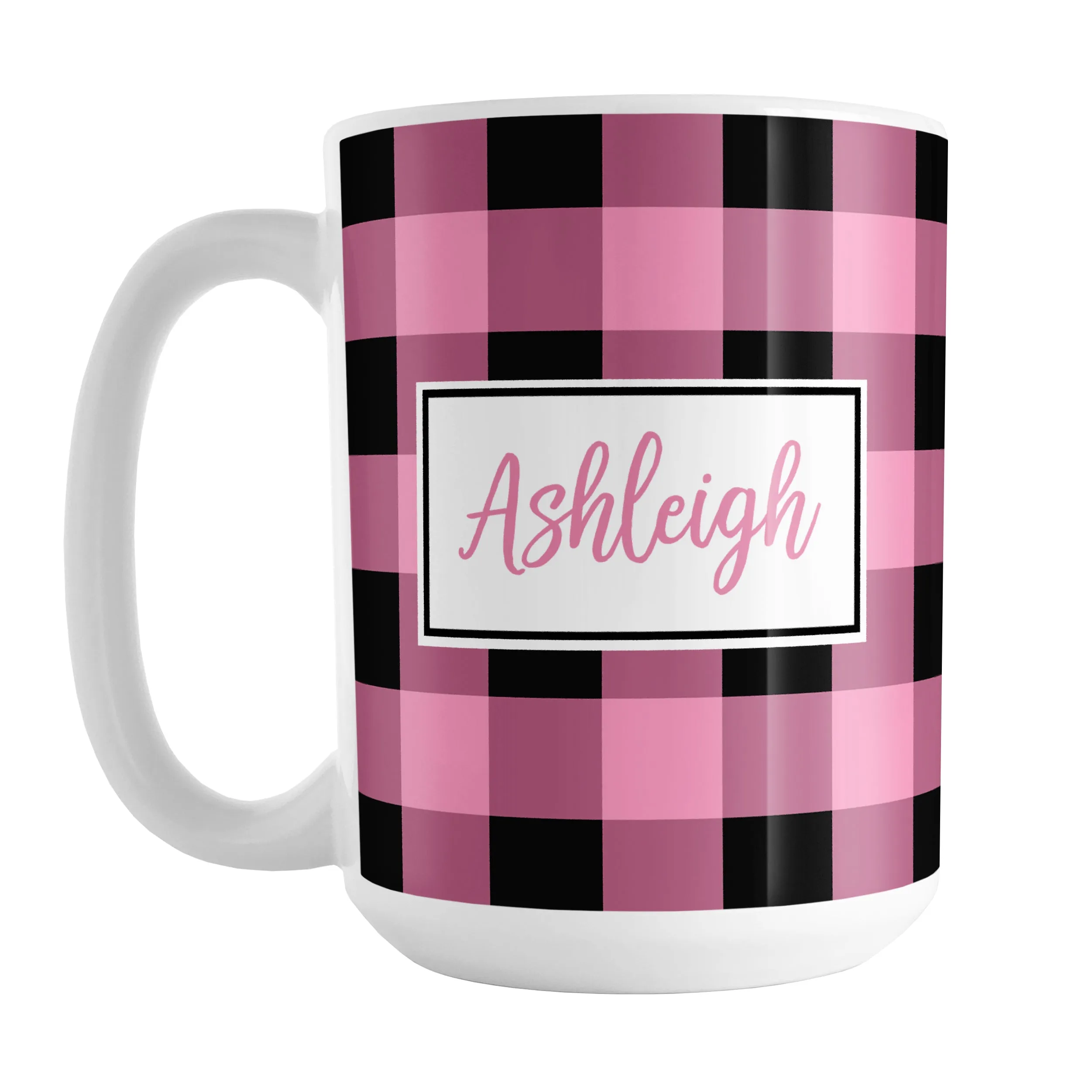 Personalized Name Light Pink and Black Buffalo Plaid Mug