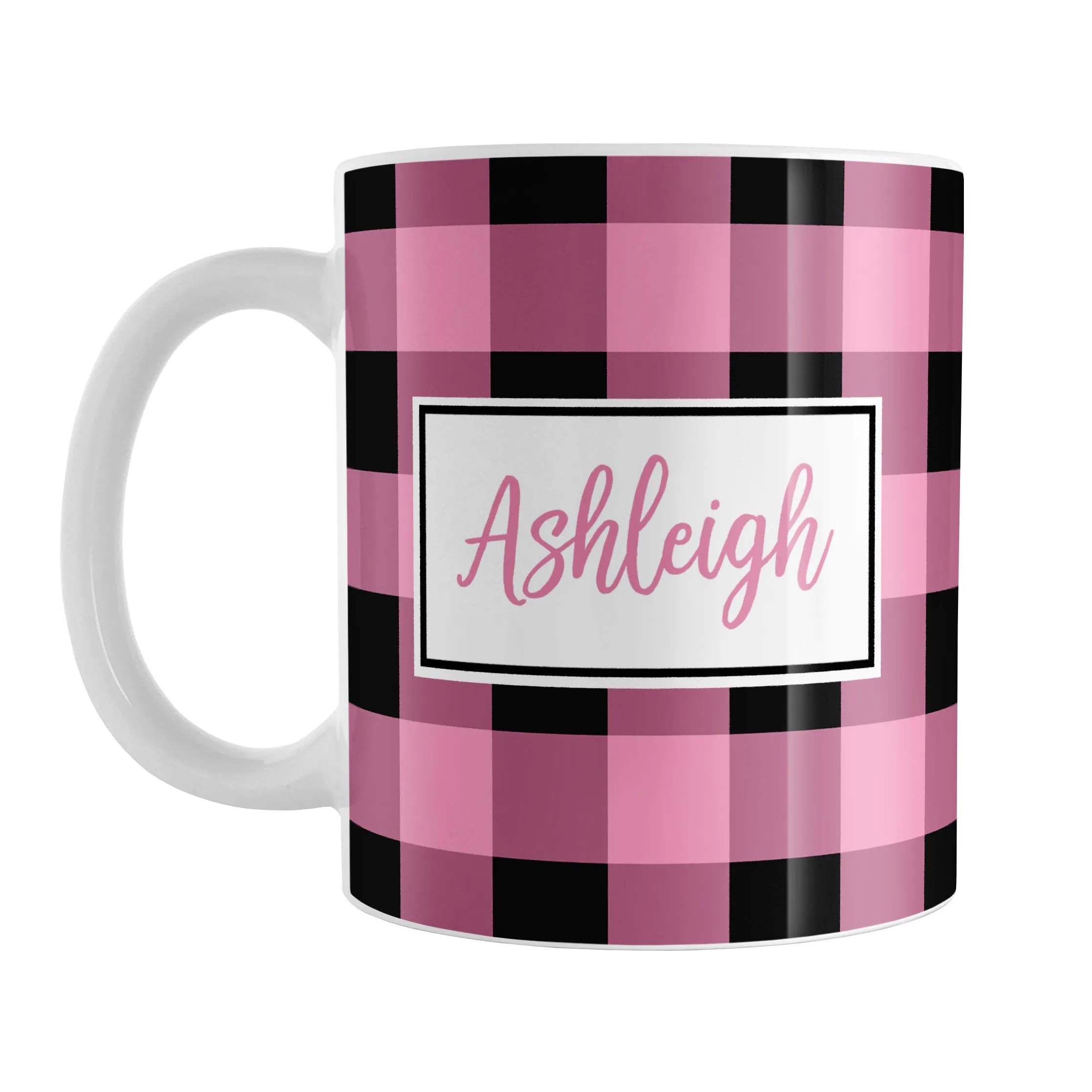 Personalized Name Light Pink and Black Buffalo Plaid Mug