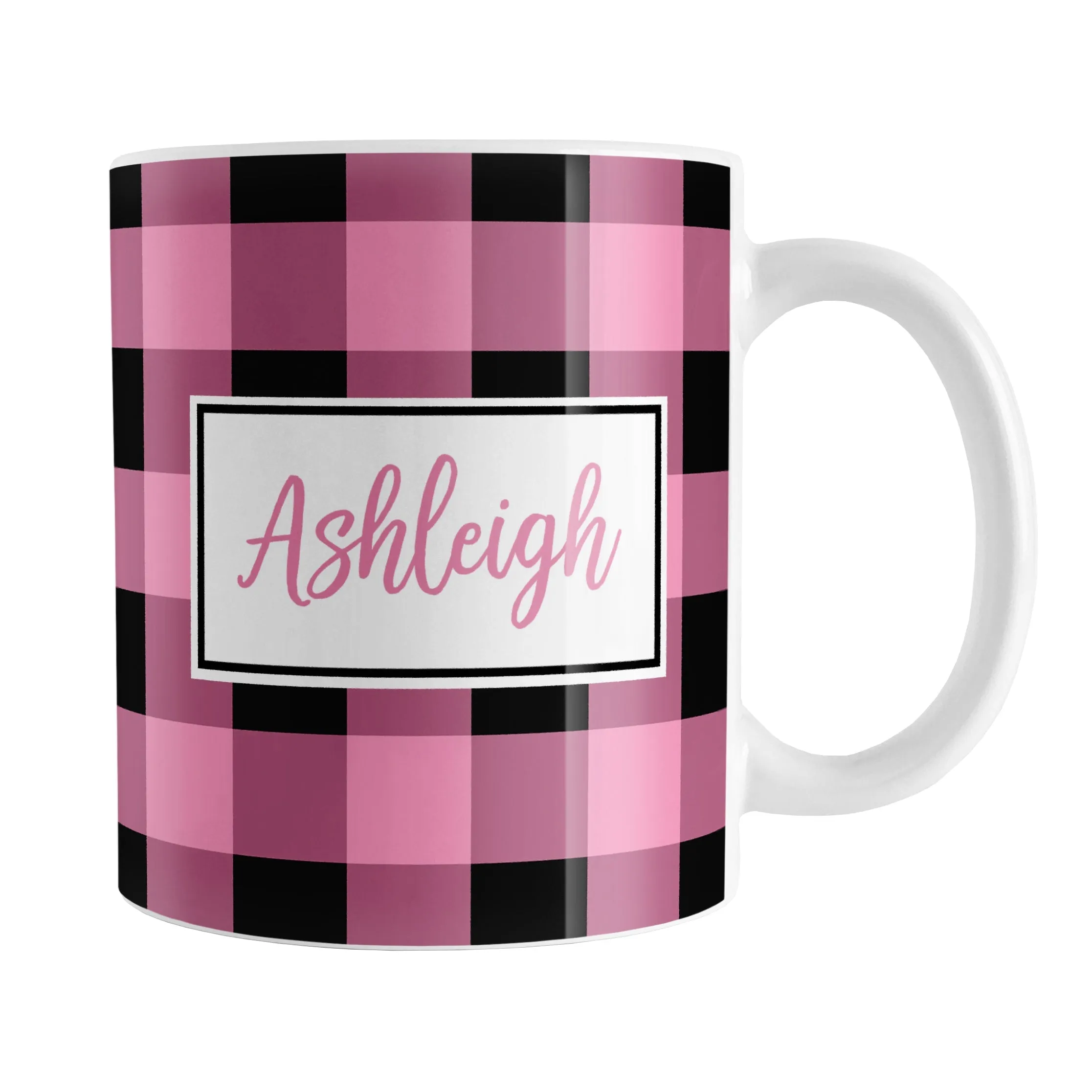 Personalized Name Light Pink and Black Buffalo Plaid Mug