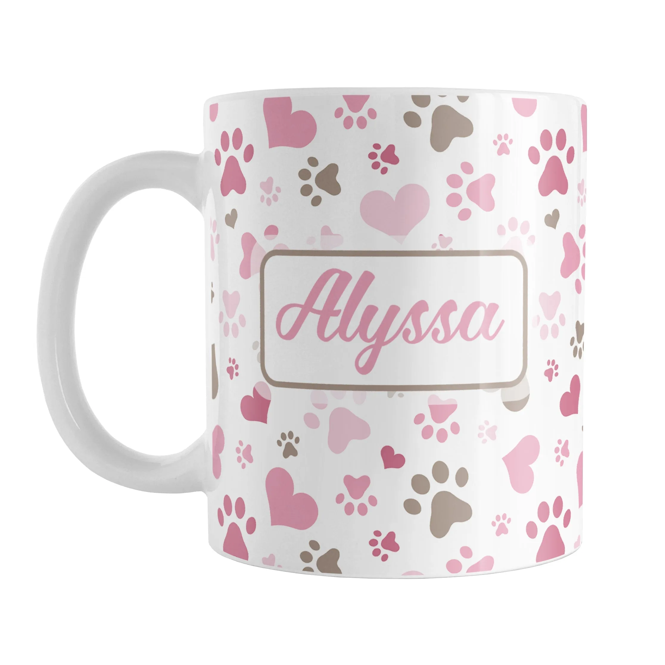 Personalized Pink Hearts and Paw Prints Mug