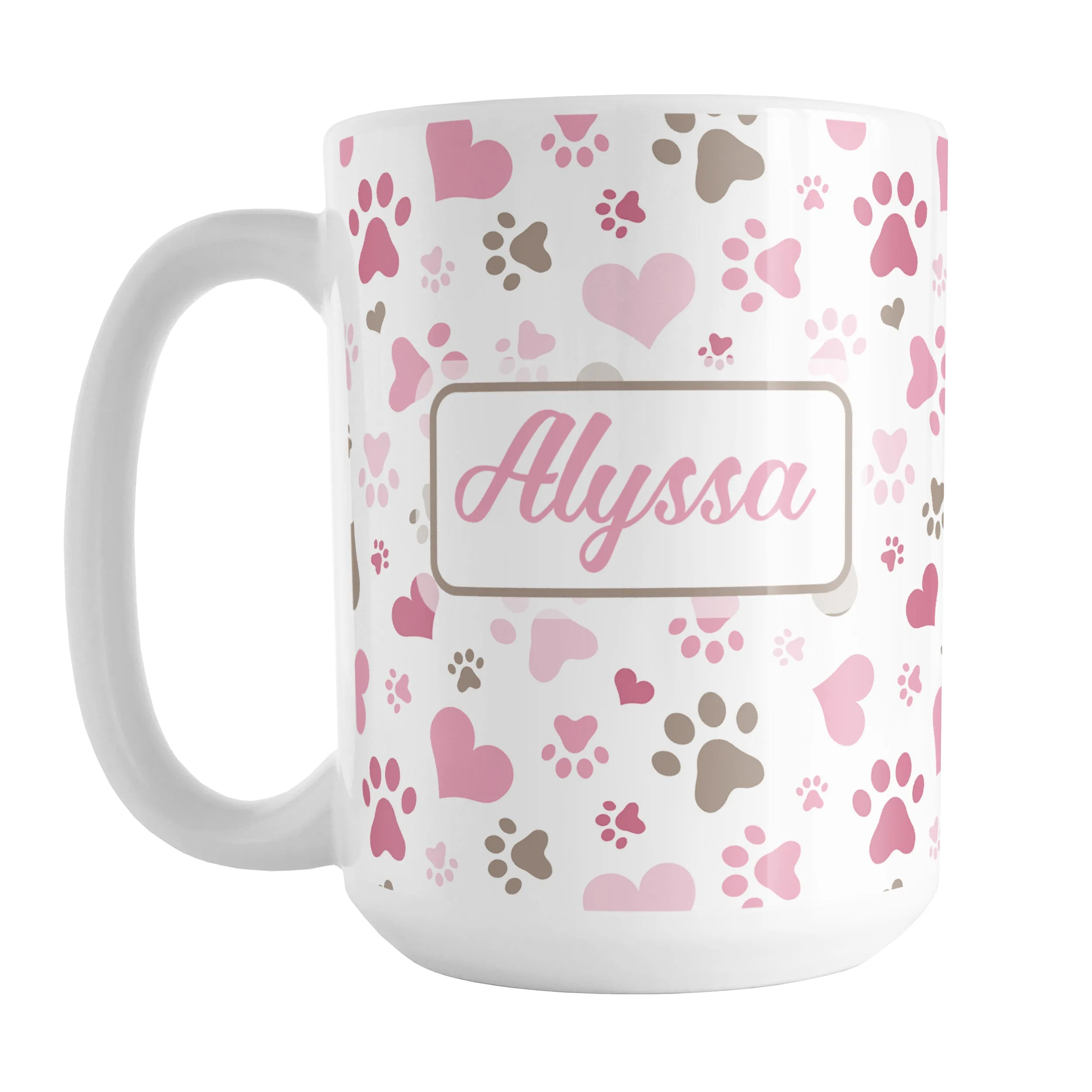 Personalized Pink Hearts and Paw Prints Mug