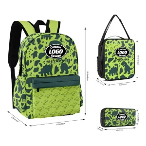 Personalized Unisex School Backpack, Custom Dinosaur Design Set 3 Packs, Schoolbag Lunch Box Pencil Case