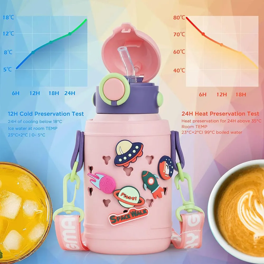 Pink Planet Fun Toy Trinkets theme temperature control Insulated Vacuum Flask Kids Stainless Steel Water Bottle with silicone cover and Thick Strap