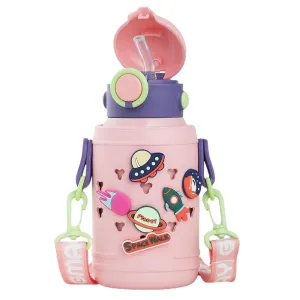 Pink Planet Fun Toy Trinkets theme temperature control Insulated Vacuum Flask Kids Stainless Steel Water Bottle with silicone cover and Thick Strap