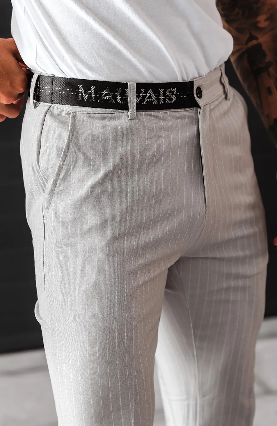 Pinstripe Pants with Half Belt in Grey