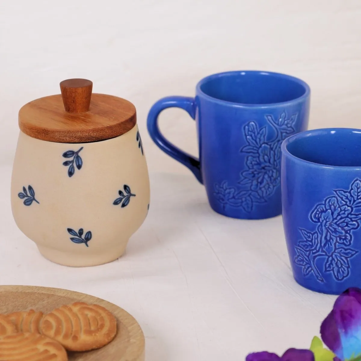 Set of Blue Ceramic Luxury Coffee & Tea Mugs (Set Of 2) and Indigo and Beige Ceramic Jar with Wooden Lid | Rakshabandhan Gift | Handmade In India