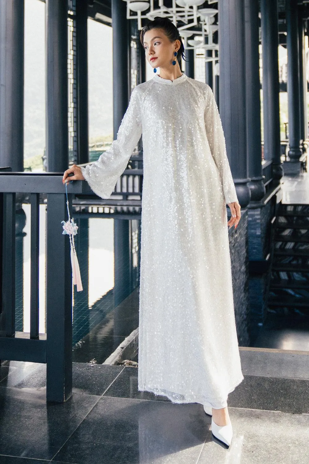 To Sa Straight Wide Sleeved Sequin Floor Length Ao Dai