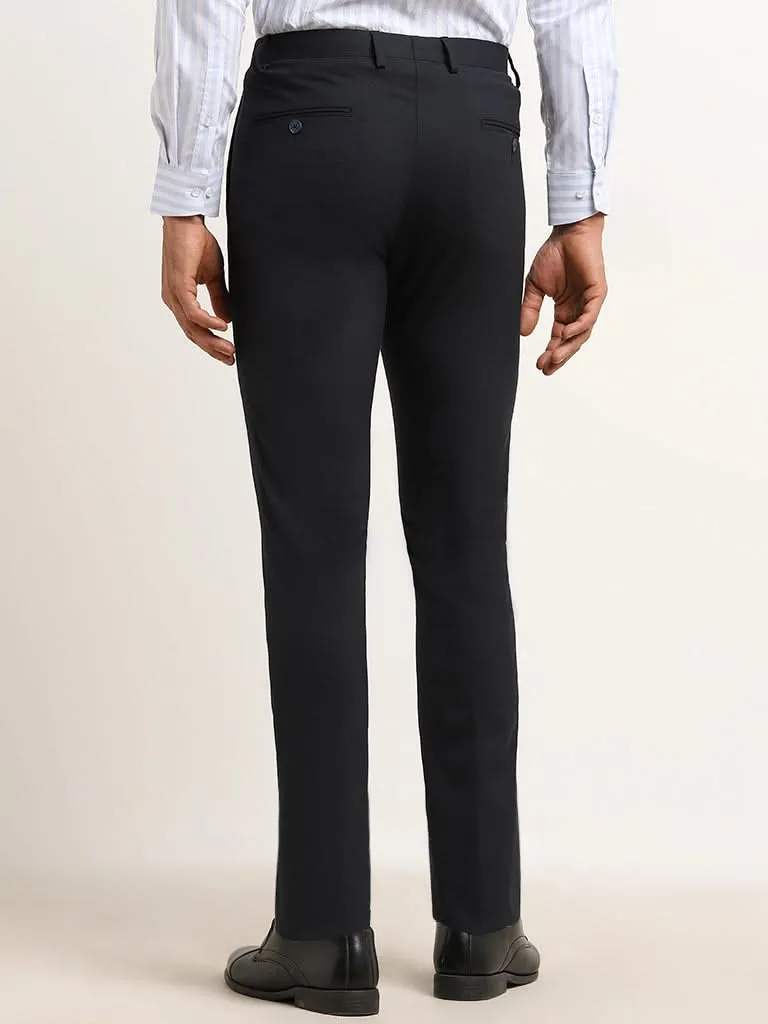 WES Formals Navy Ultra Slim Fit Mid Rise Trousers