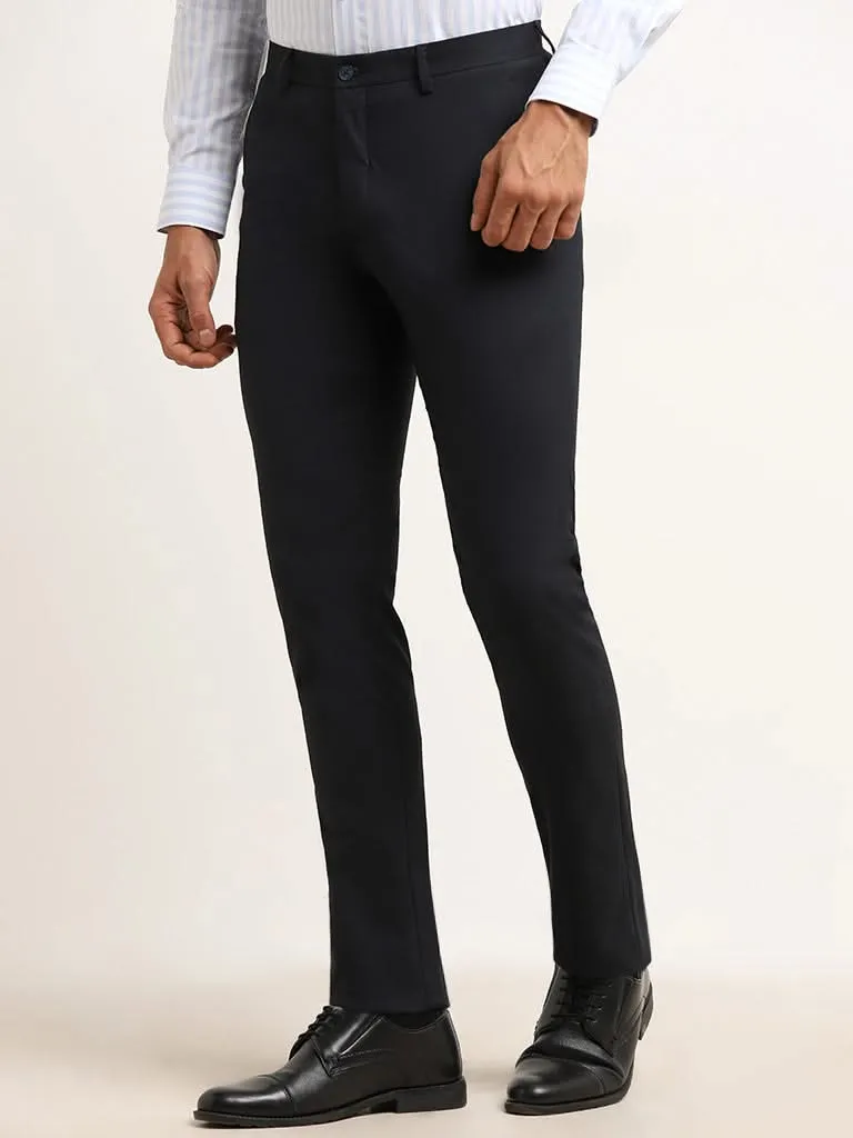 WES Formals Navy Ultra Slim Fit Mid Rise Trousers